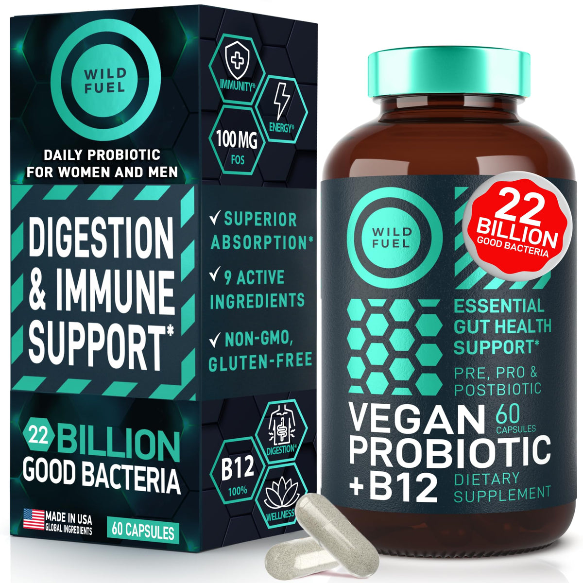 WILD FUEL Probiotico-vegan-b12-fos: apoyo digestivo diario y energía sostenida