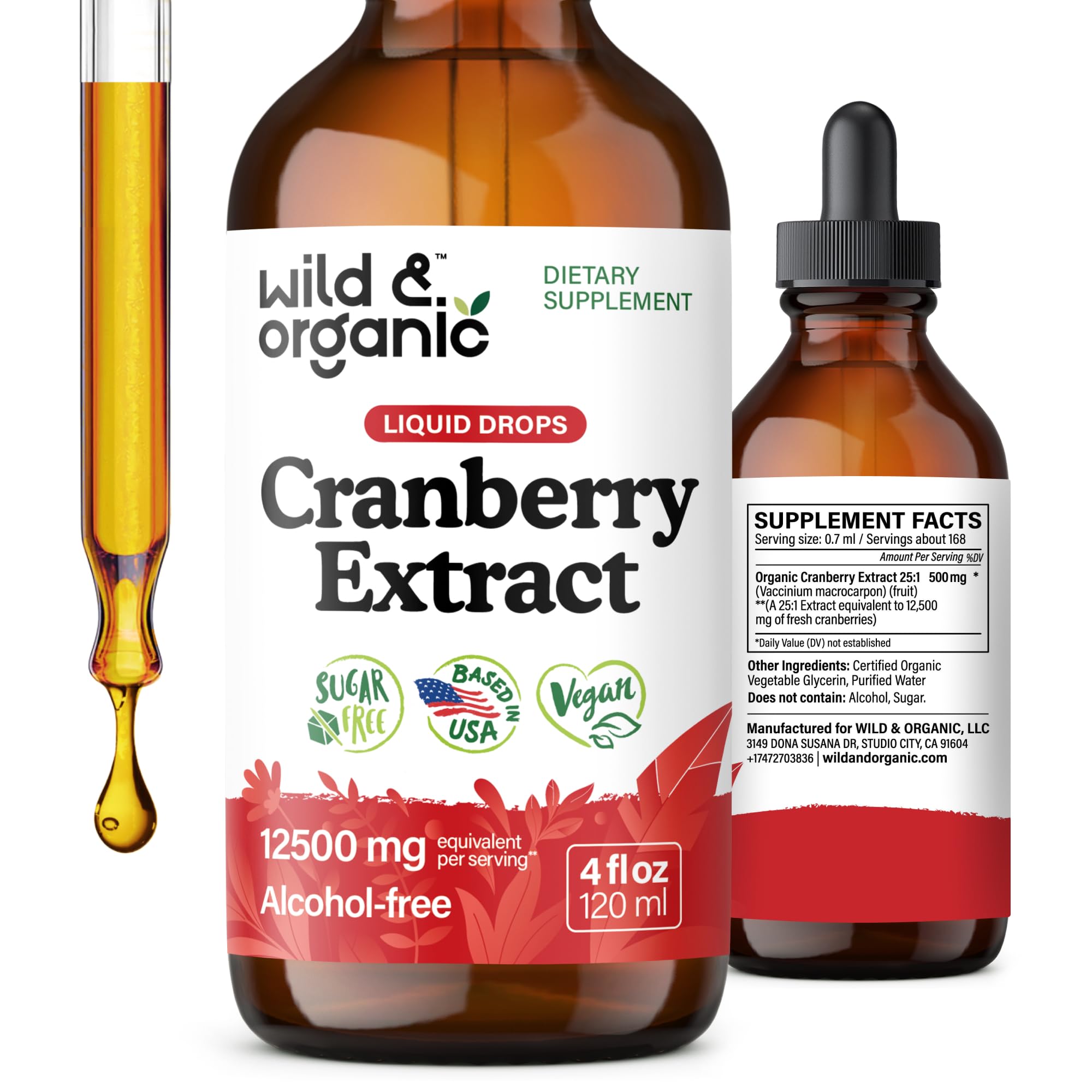 Wild & Organic Are1ndano concentrado, botella visible, apoyo posible al tracto urinario