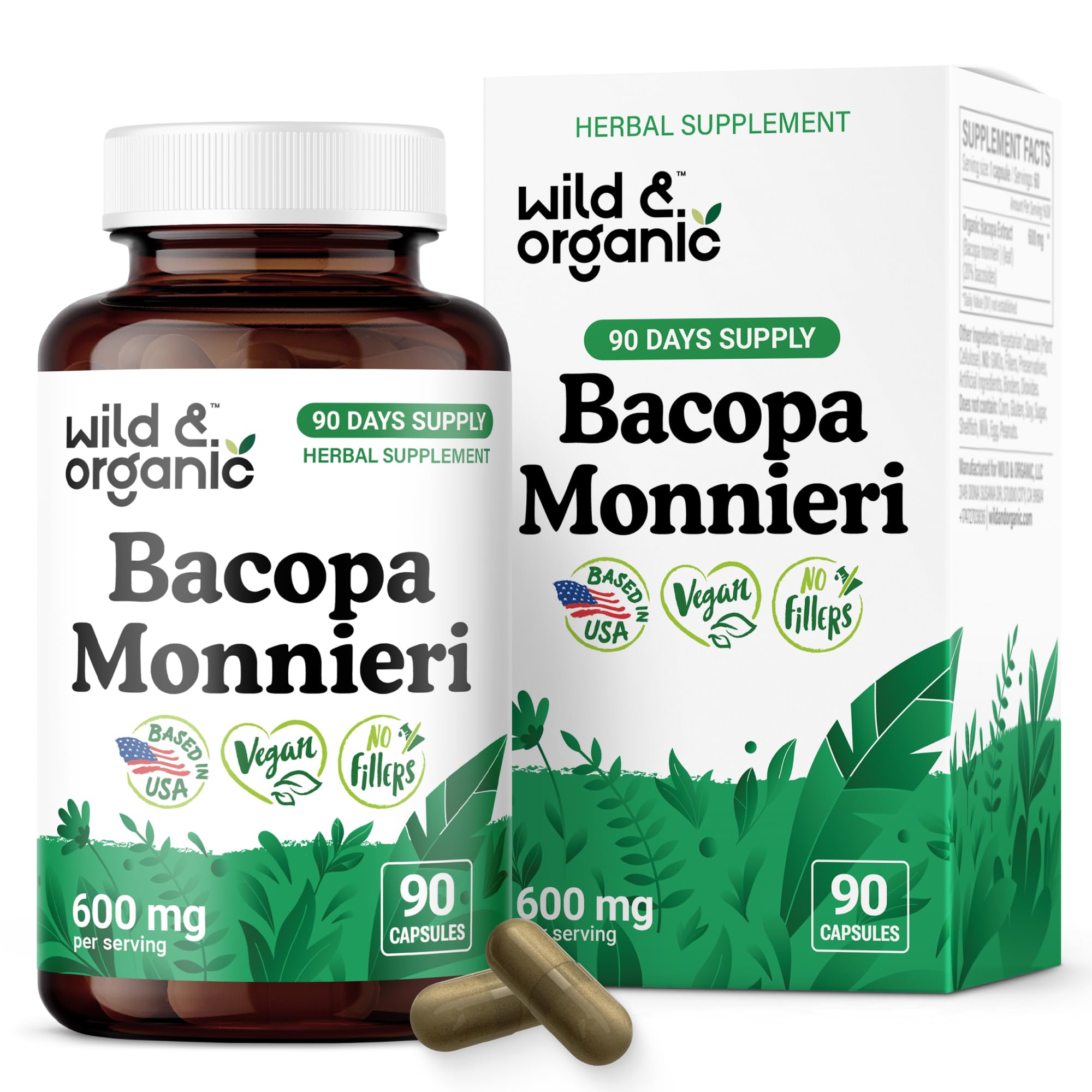 Wild & Organic Bacopa envase de 90 días para apoyo cognitivo diario.
