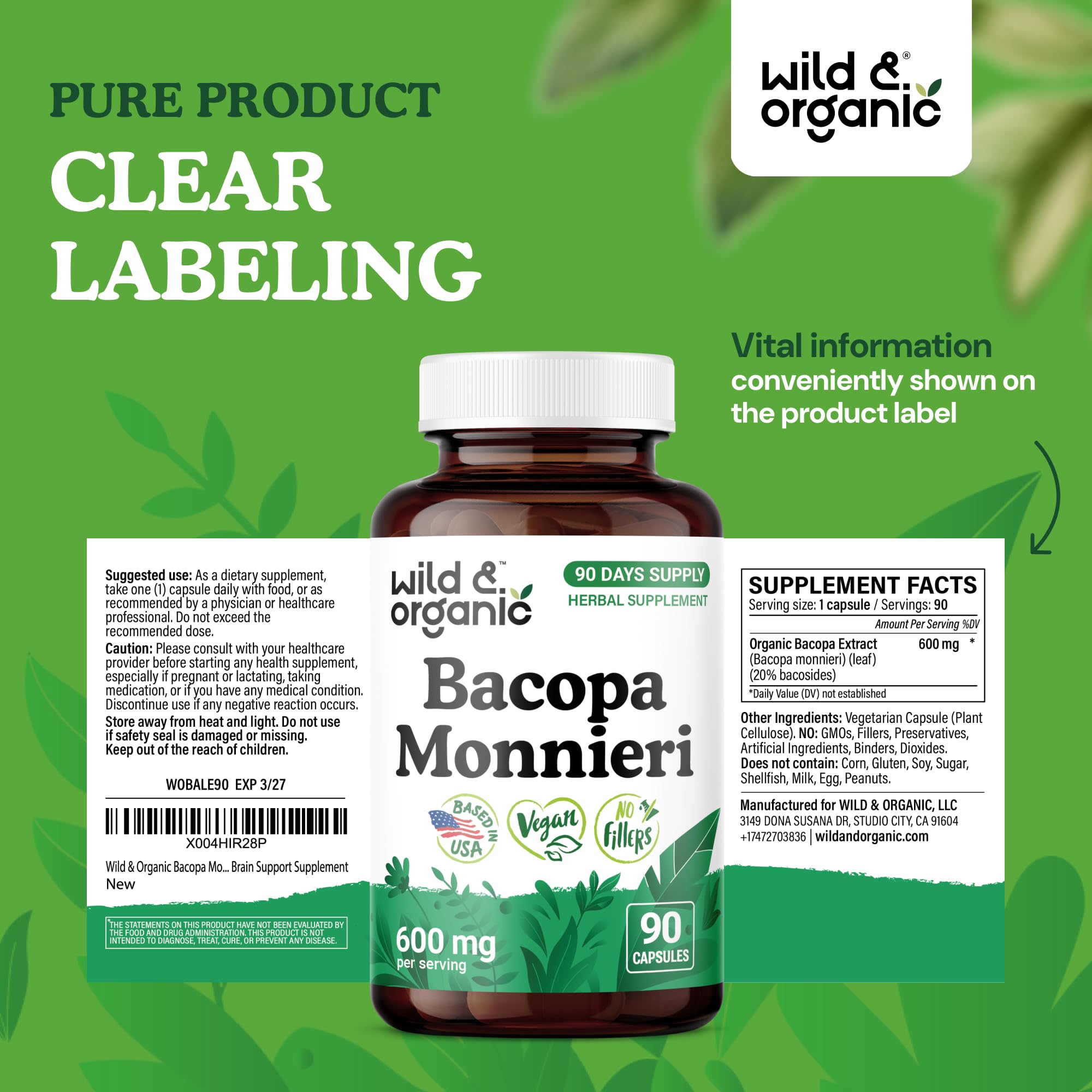 Wild & Organic Bacopa uso diario para rutina saludable.