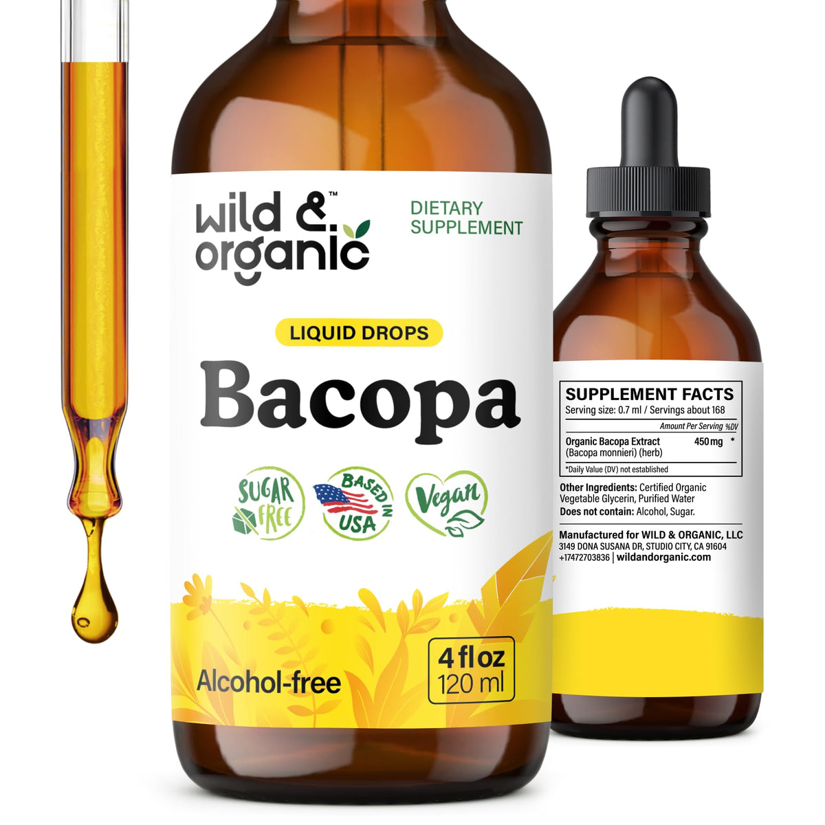 Gotas Wild & Organic Bacopa en botella para enfoque y claridad mental