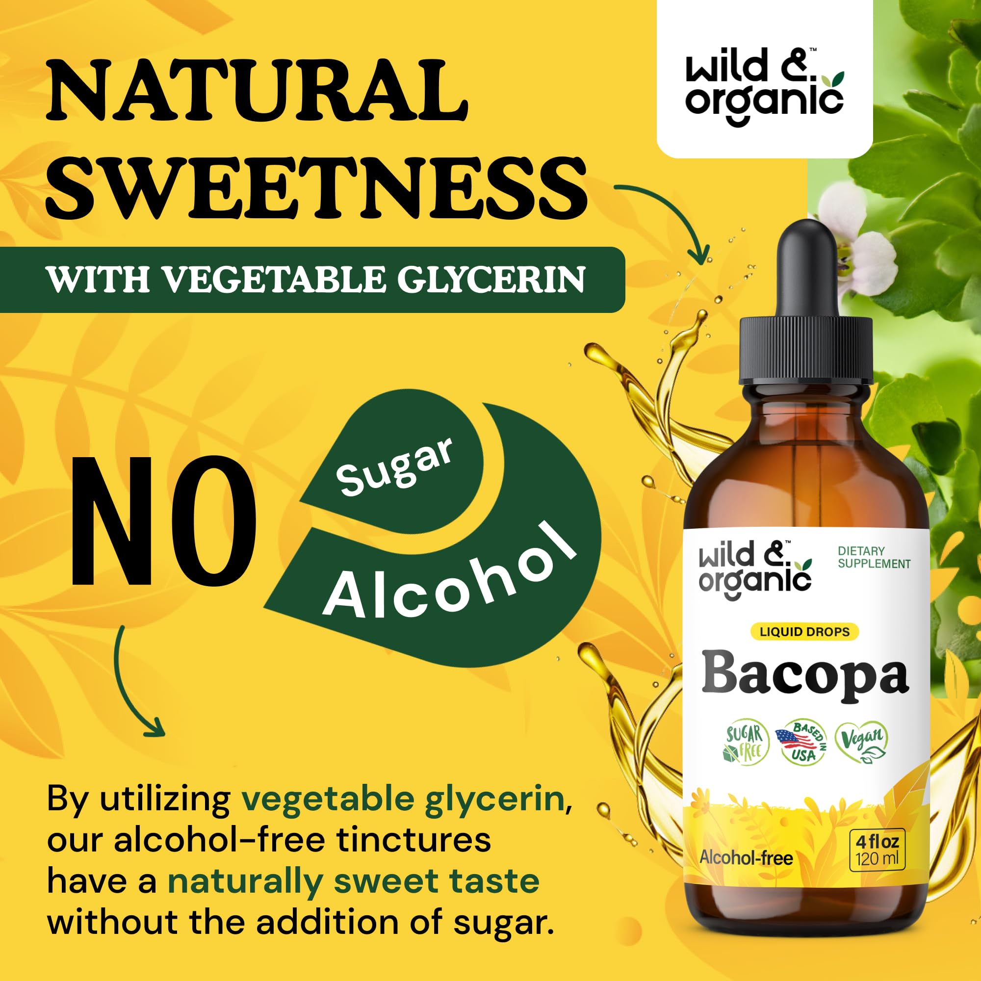 Ingredientes veganos en gotas de bacopa Wild & Organic