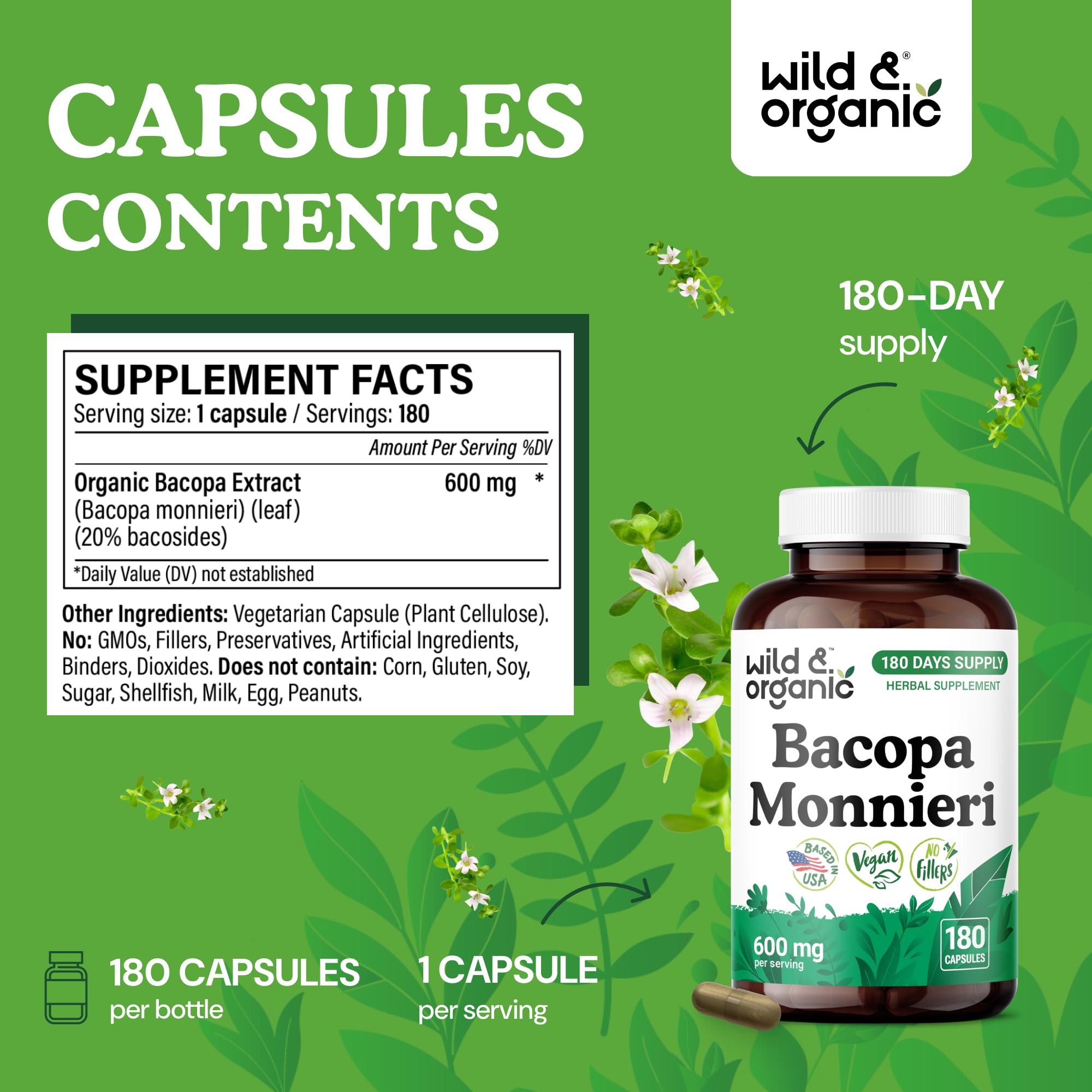 Etiqueta de Wild & Organic Bacopa Monnieri con ingredientes claros