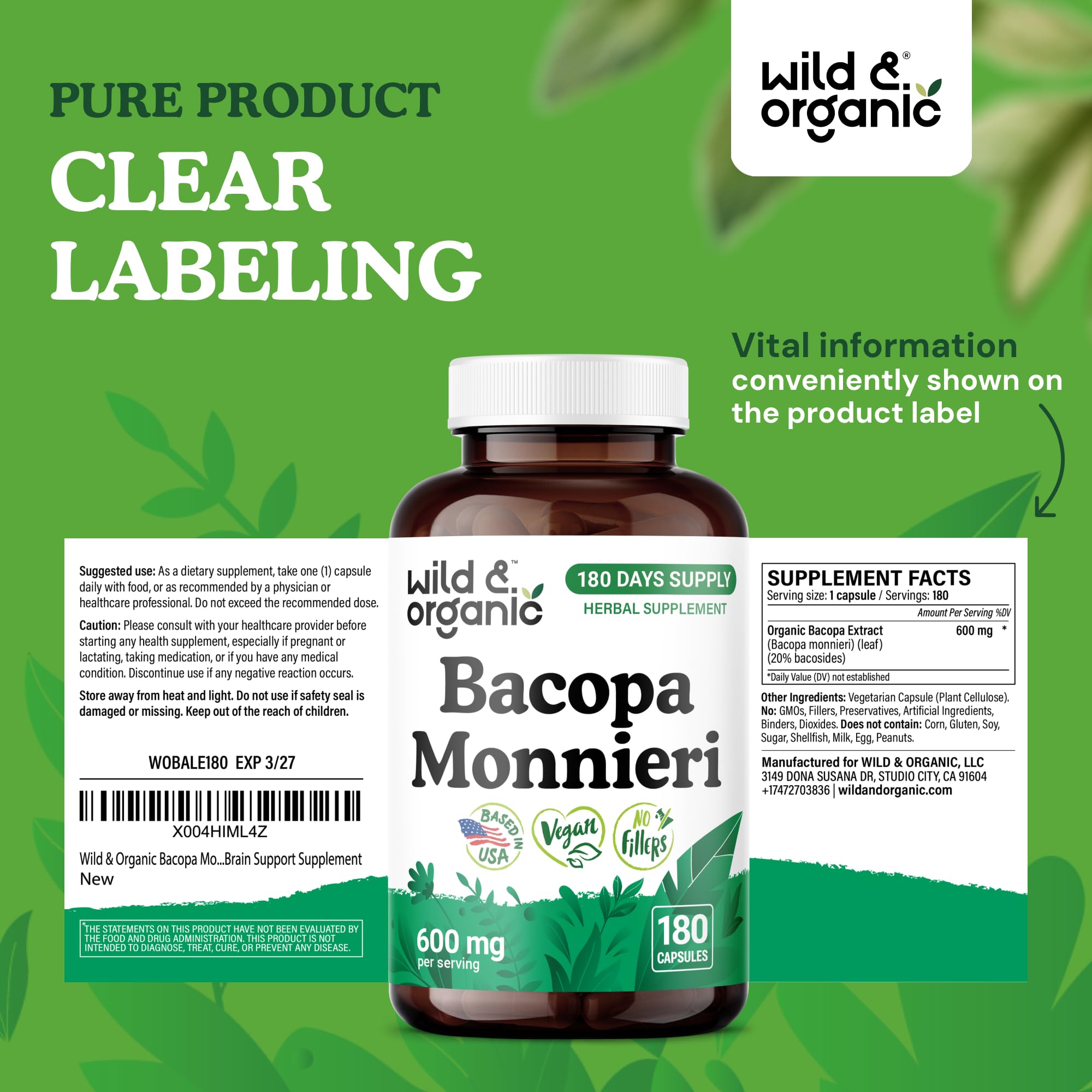 Textura de polvo bacopa Monnieri en cápsula de Wild & Organic