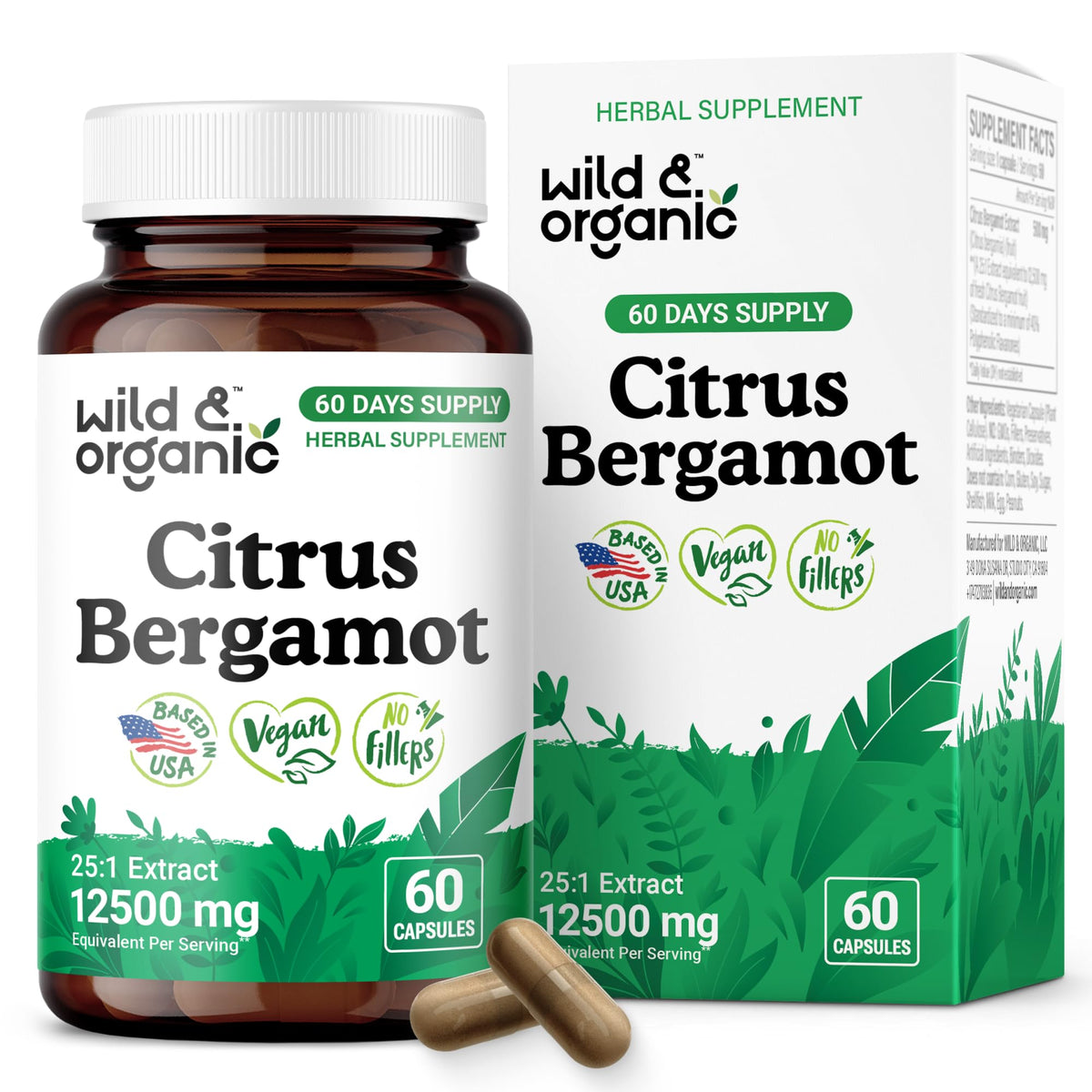 Wild & Organic bergamota cápsulas embotelladas para uso diario