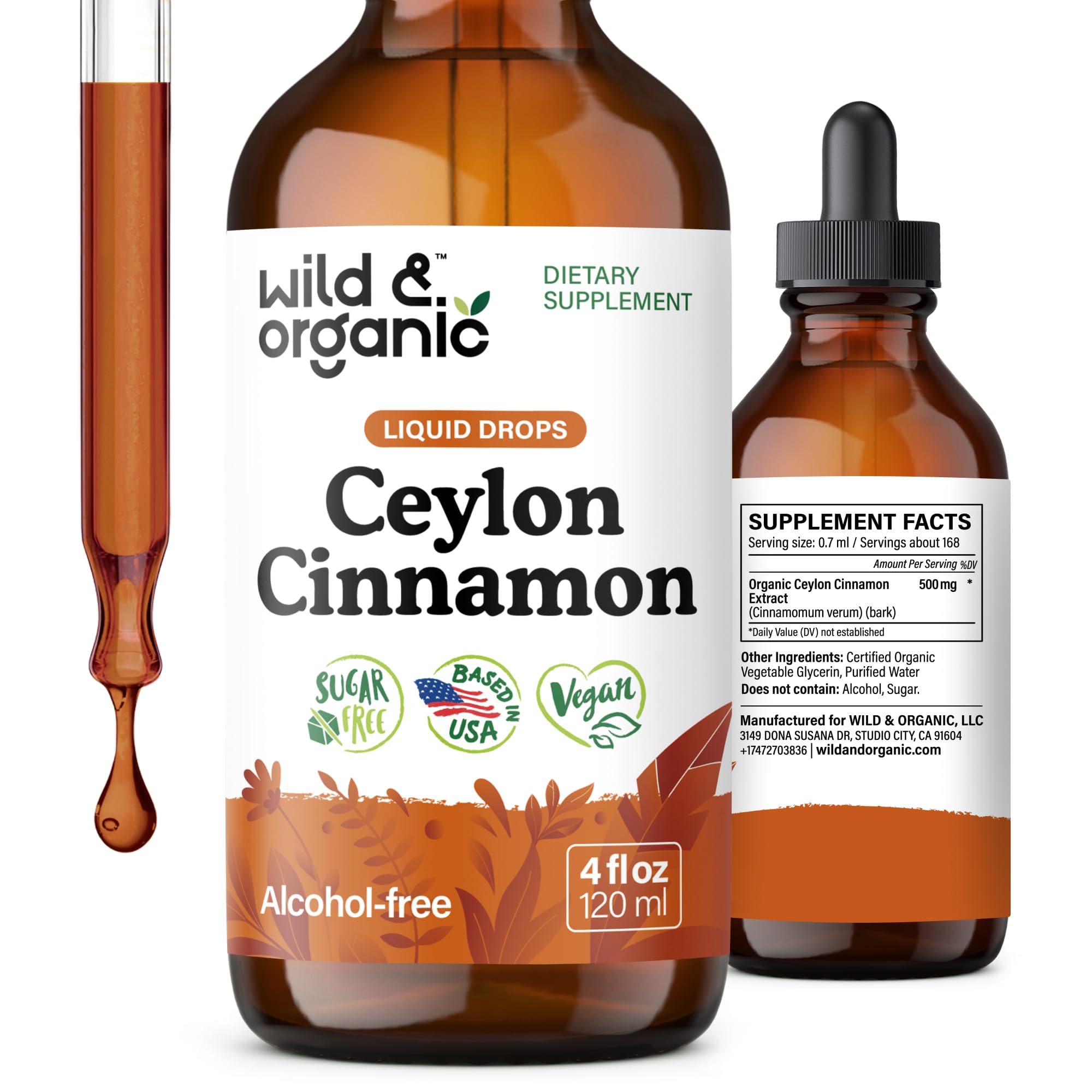 Wild & Organic Canela Ceilán - botella con tintura para apoyo antioxidante suave.