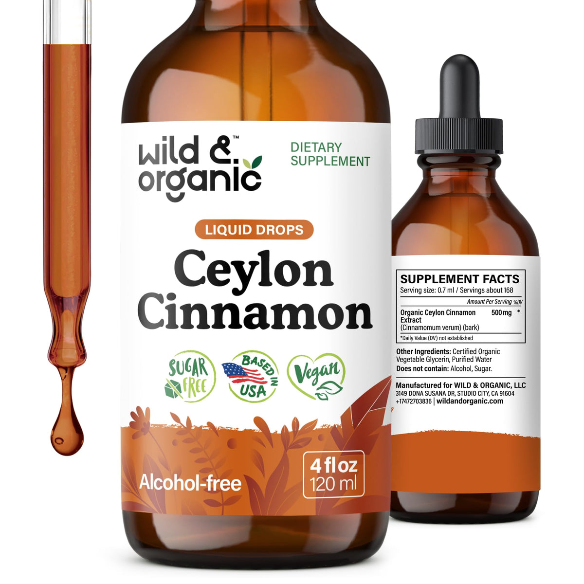 Wild & Organic Canela Ceilán - botella con tintura para apoyo antioxidante suave.