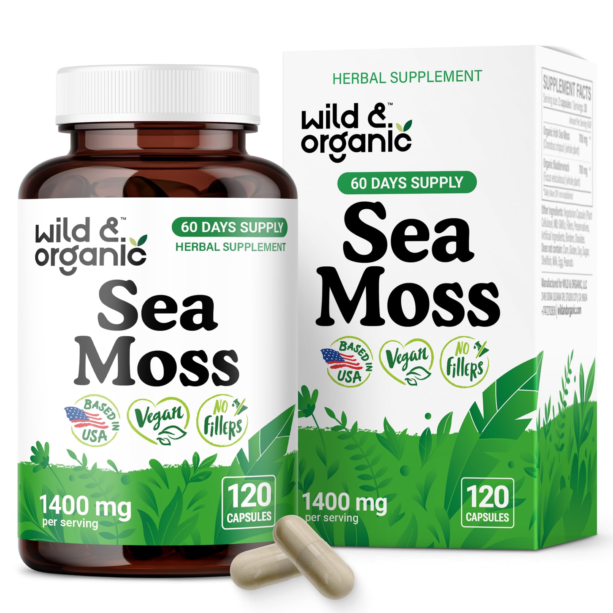 Wild & Organic cápsulas de alga marina irlandesa en bote, apoyo diario para bienestar.