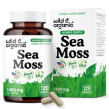 Wild & Organic cápsulas de alga marina irlandesa en bote, apoyo diario para bienestar.