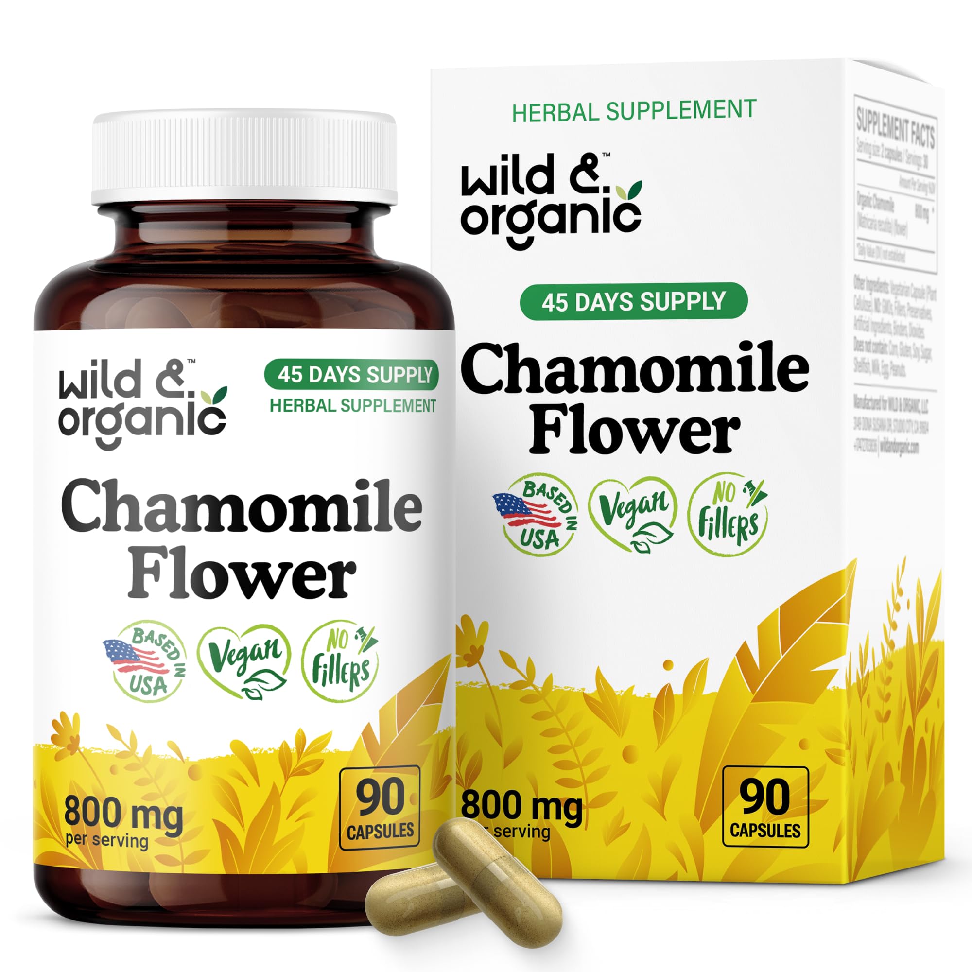 Wild & Organic cápsulas manzanilla 800 mg en botella para relajación suave