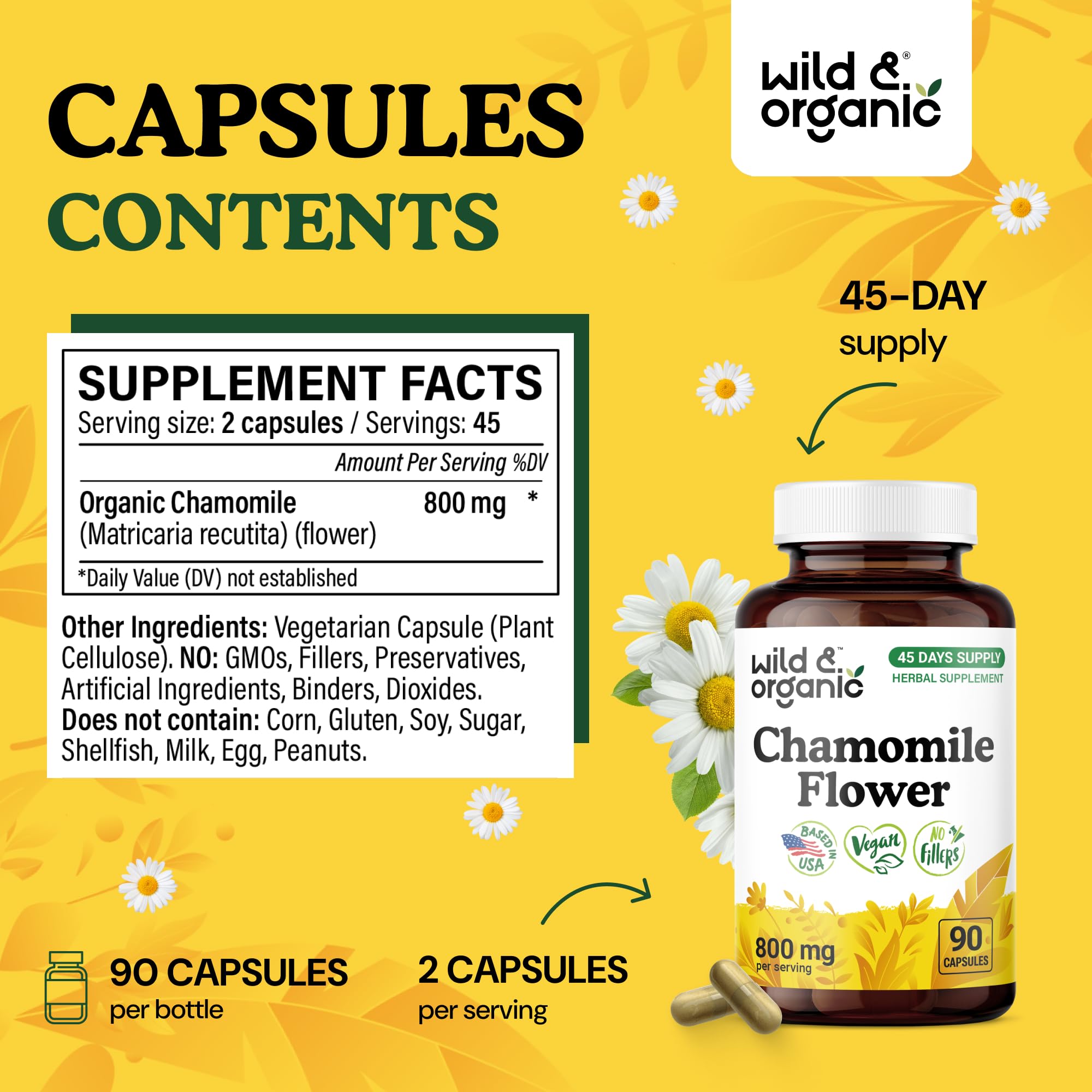 Cápsulas vegetales Wild & Organic manzanilla 800 mg con recubrimiento de celulosa para toma fácil