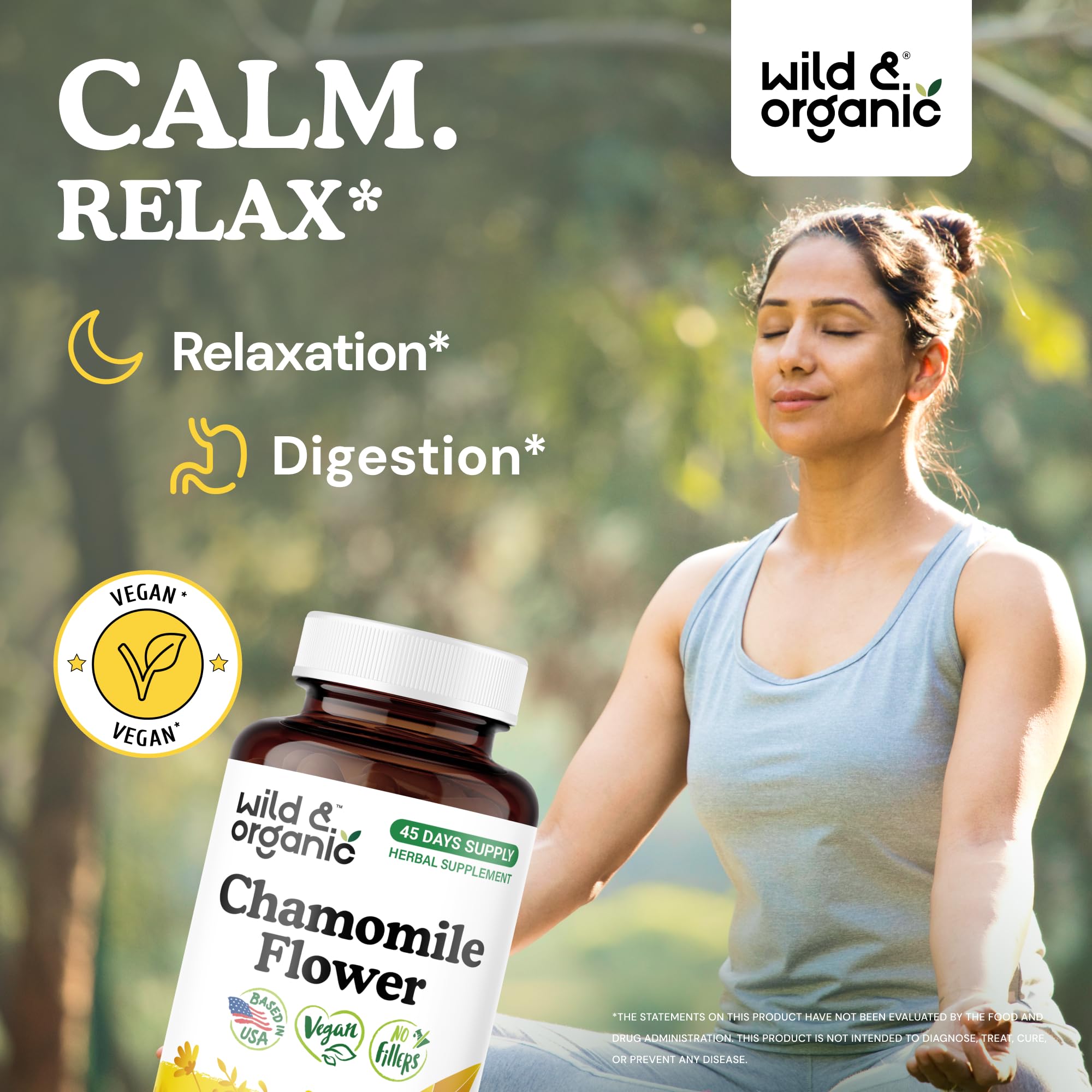 Etiqueta de Wild & Organic cápsulas de manzanilla 800 mg y su origen natural