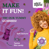Wild & Organic gomitas de cardo mariano, sabor arándano, aptas para estilo de vida saludable.
