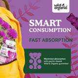 Wild & Organic gomitas de cardo mariano, detalle de color vibrante, snack agradable para cuidado diario.