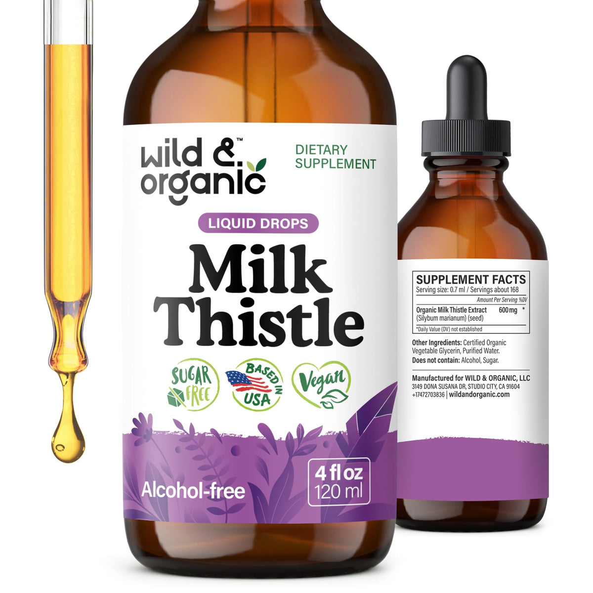 Wild & Organic cardo mariano gotas para té con sabor suave.