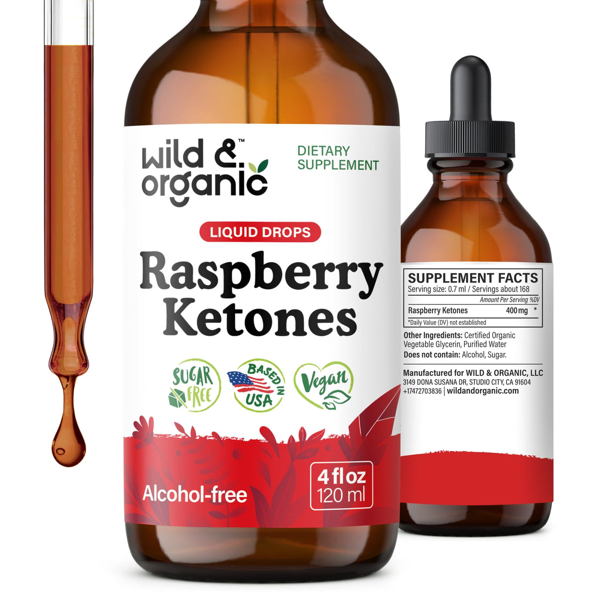 Wild & Organic cetonas de frambuesa, botella con gotero para apoyar el bienestar diario.