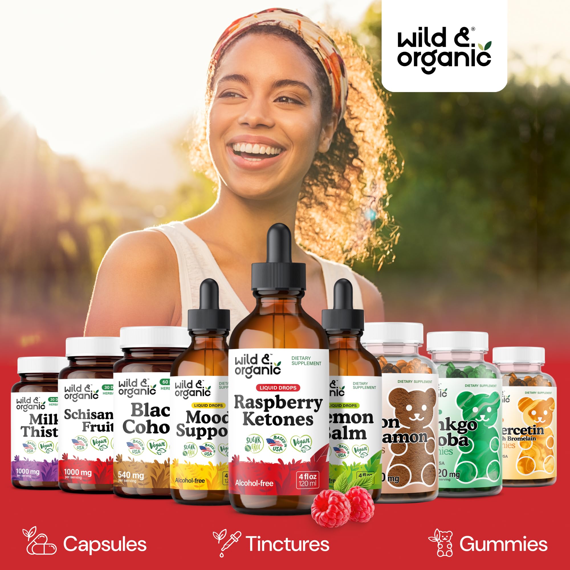 Wild & Organic cetonas de frambuesa, medición de dosis para uso diario preciso.