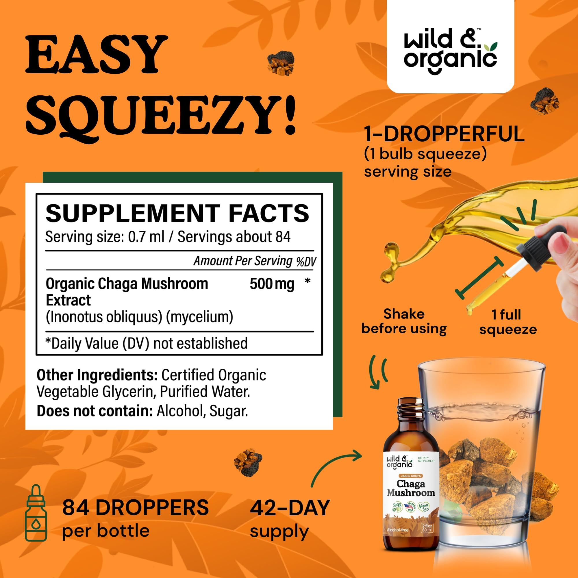 Etiqueta del producto Wild & Organic Chaga mostrando marca y beneficios.
