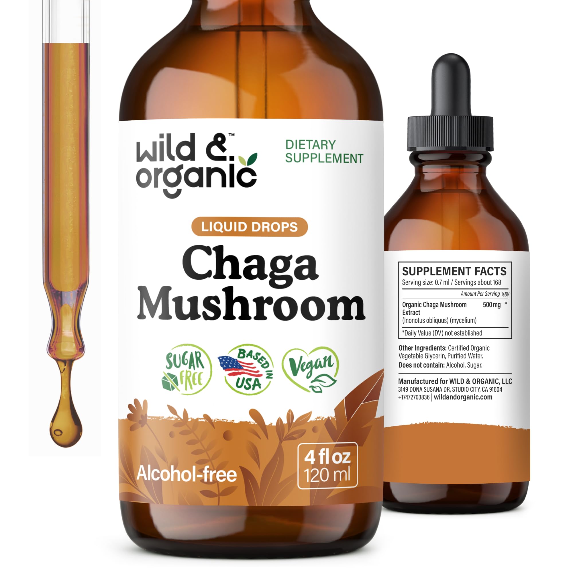 Gotas Wild & Organic Chaga en botella para apoyo inmunitario diario.