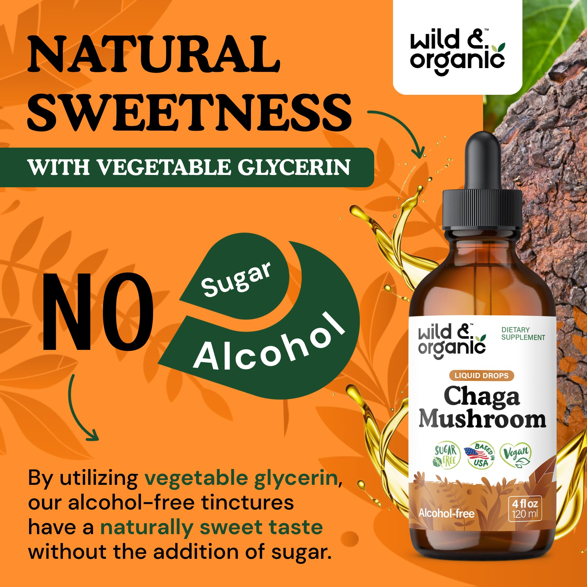 Gotas sin aditivos Wild & Organic chaga, uso práctico diario.
