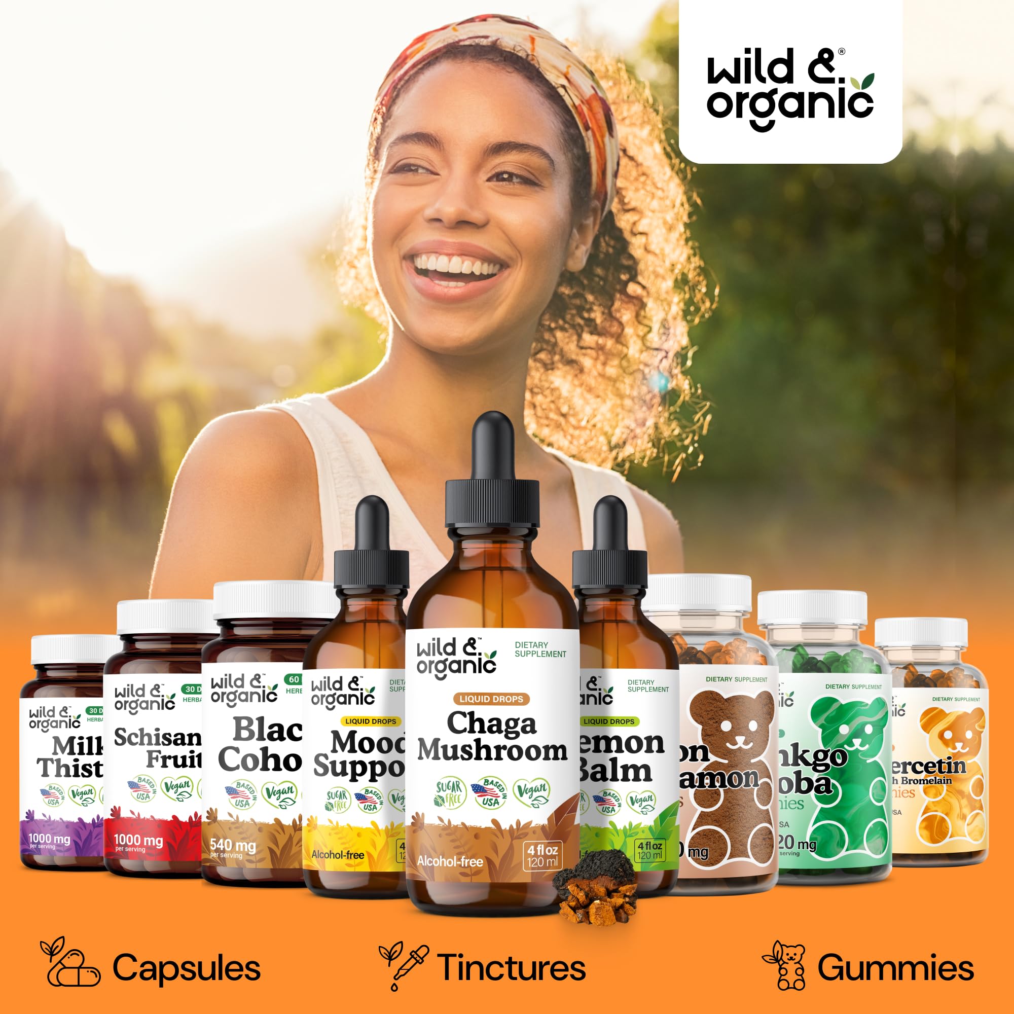 Gotas sin alcohol Wild & Organic chaga, opción suave para la digestión.