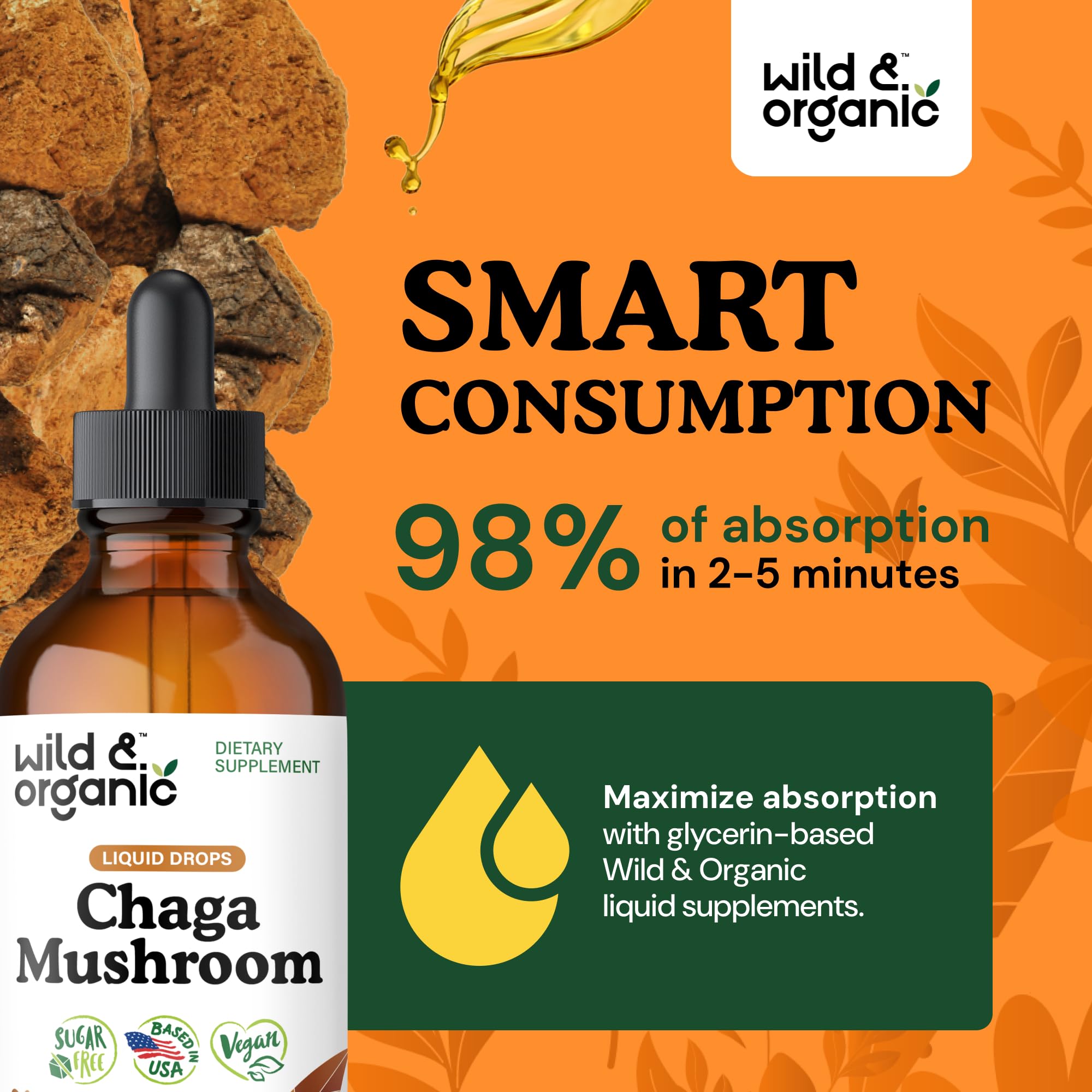 Producto vegano Wild & Organic chaga, gotas para apoyo general.
