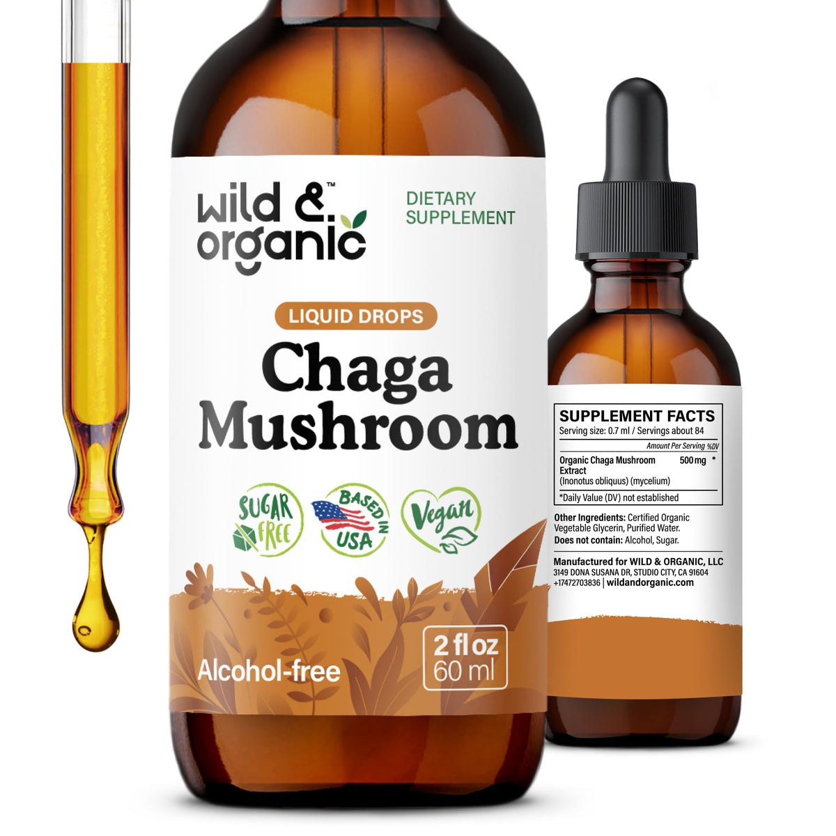 Frasco de tintura Wild & Organic Chaga para uso diario.