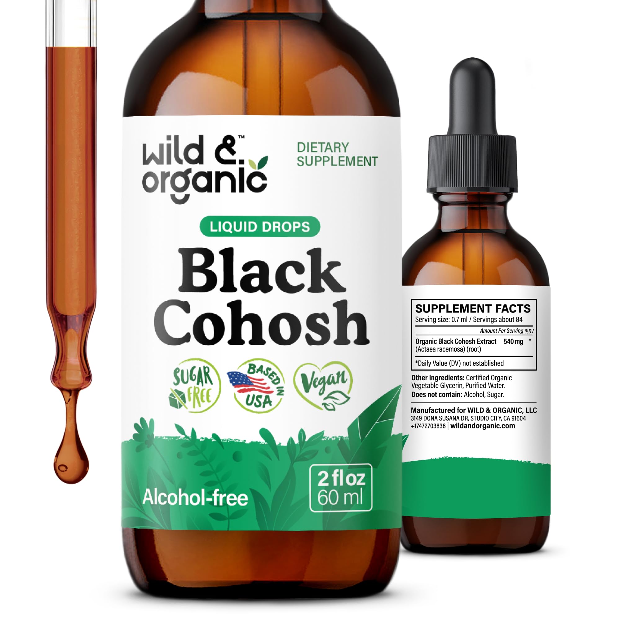 Wild & Organic cohosh tintura 540 mg en botella, apoyo suave para cambios hormonales.