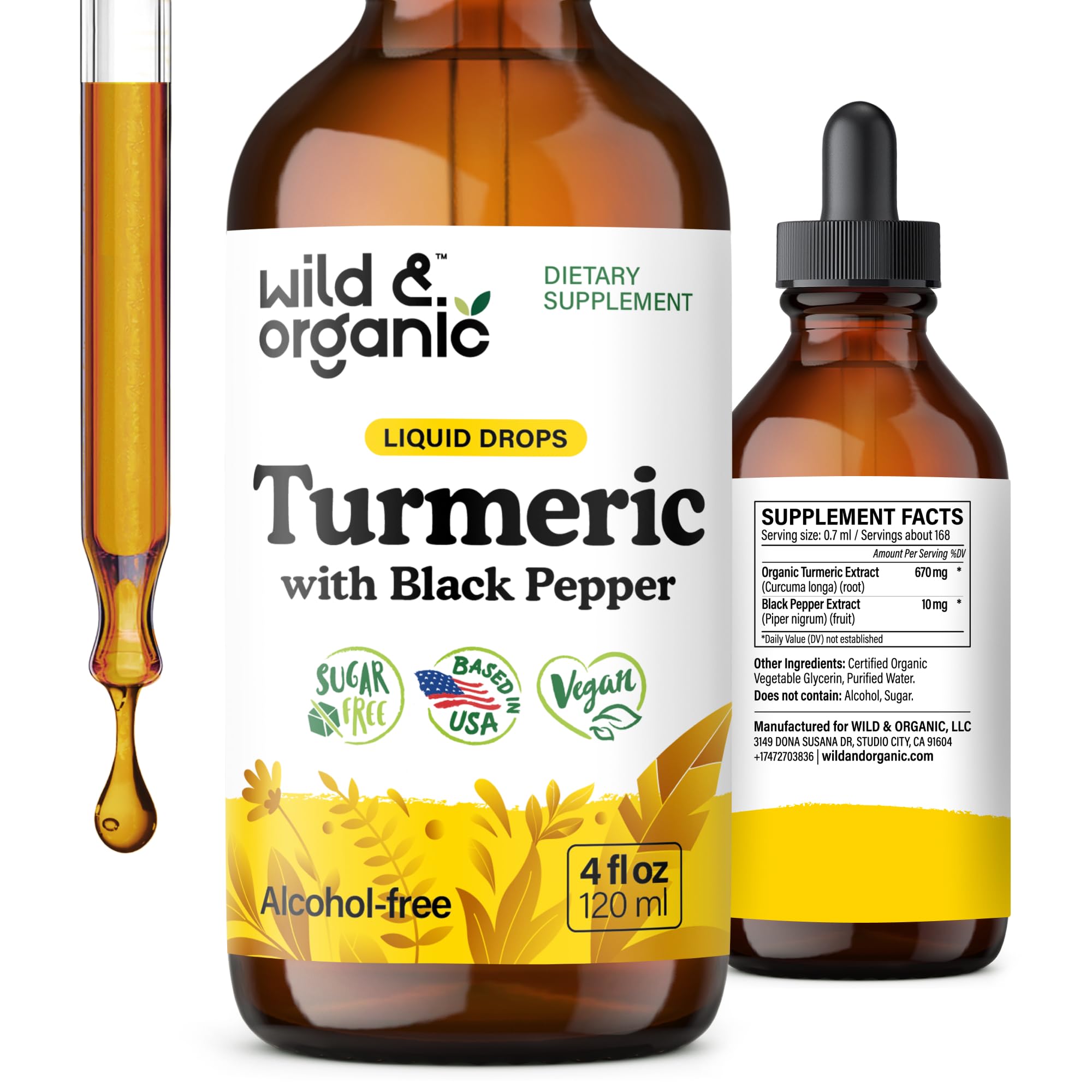 Wild & Organic Curcuma gotas botella: aporte diario para movimiento y bienestar.