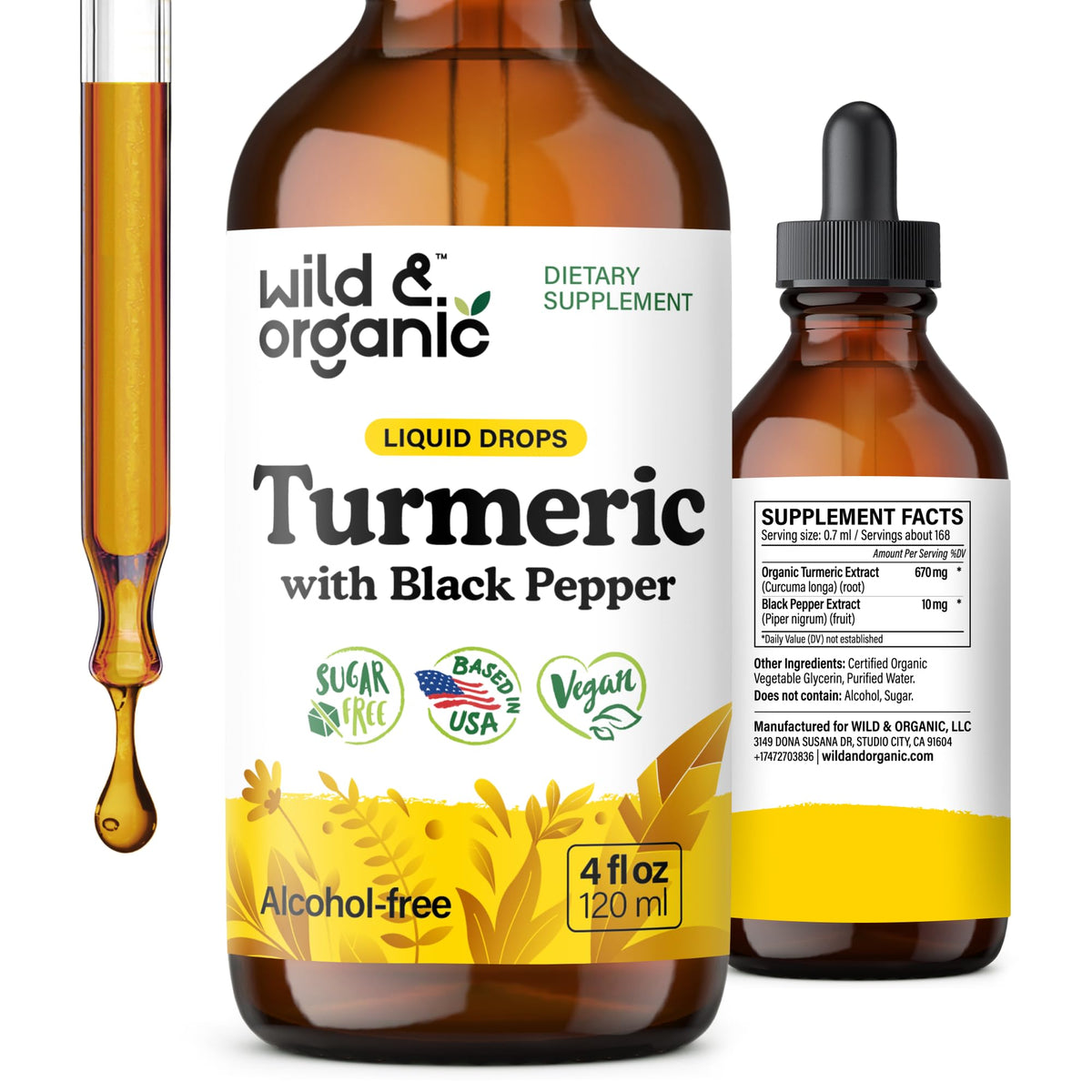 Wild & Organic Curcuma gotas botella: aporte diario para movimiento y bienestar.