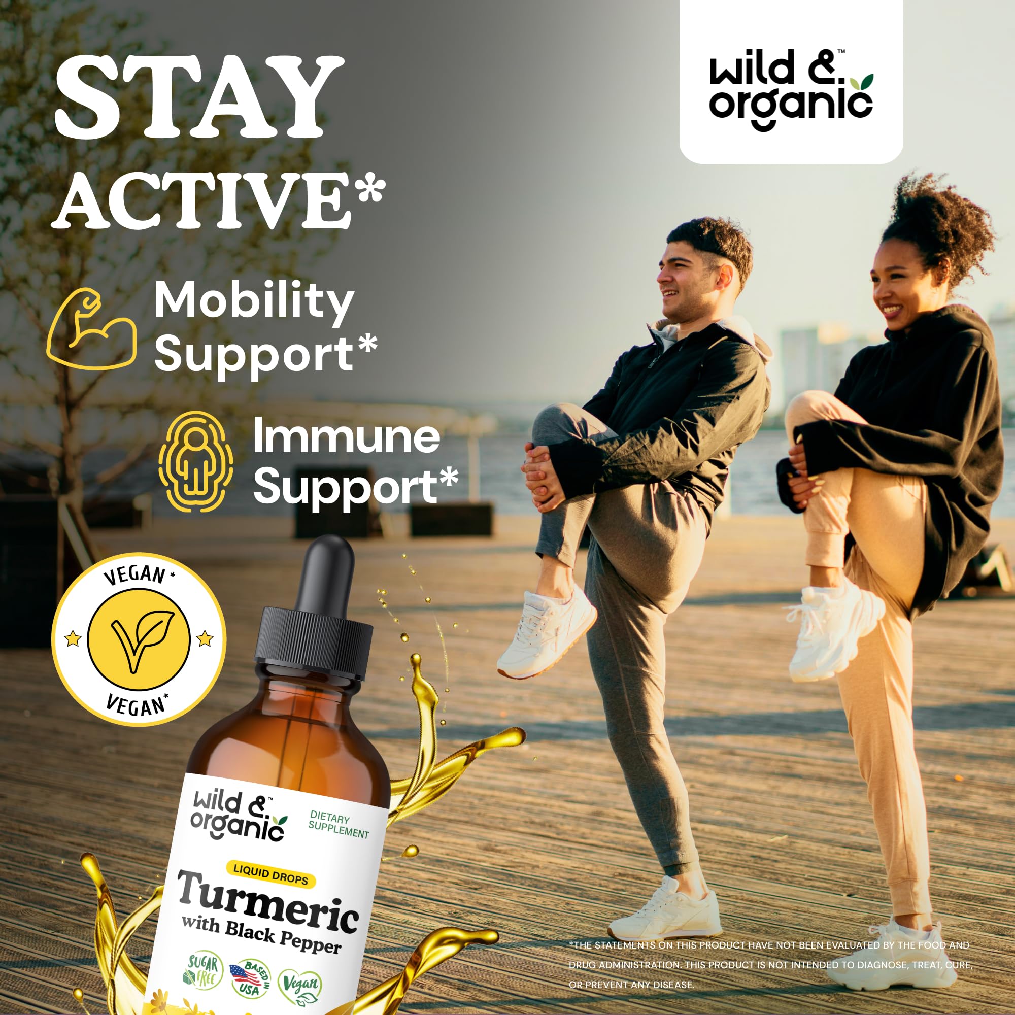 Wild & Organic Curcuma gotas dosis: mezcla fácil en té o agua.