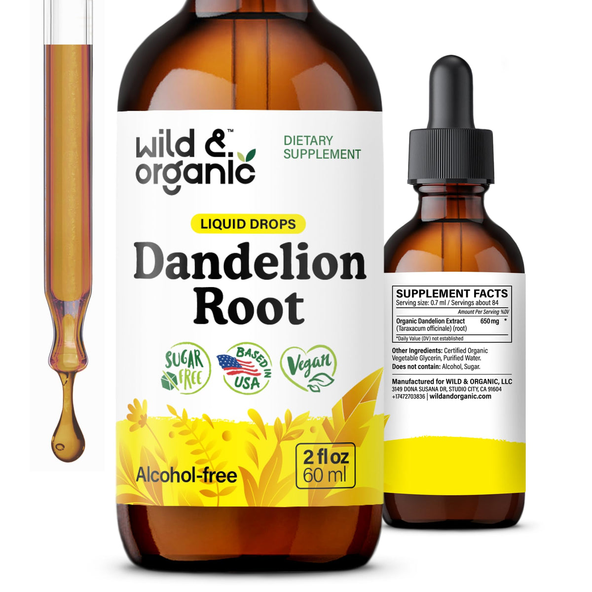 Wild & Organic Diente de León en bote: raíz visible para posible apoyo hepático.