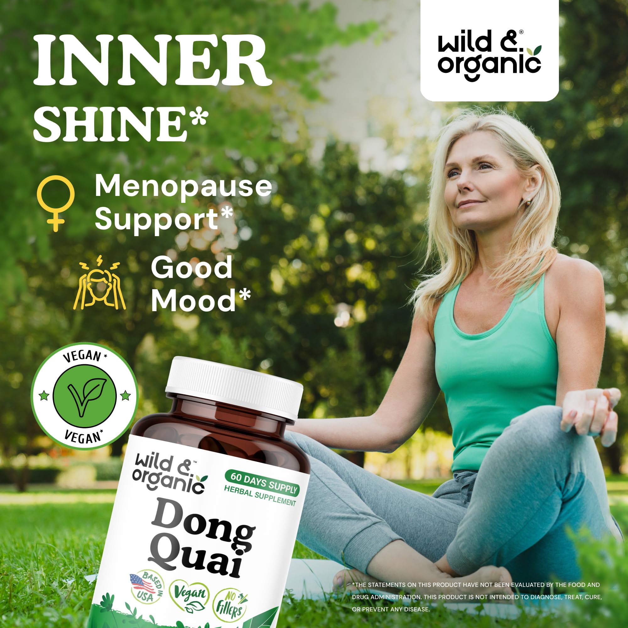 Cápsulas Wild & Organic Dong Quai 1000 mg listas para tomar.