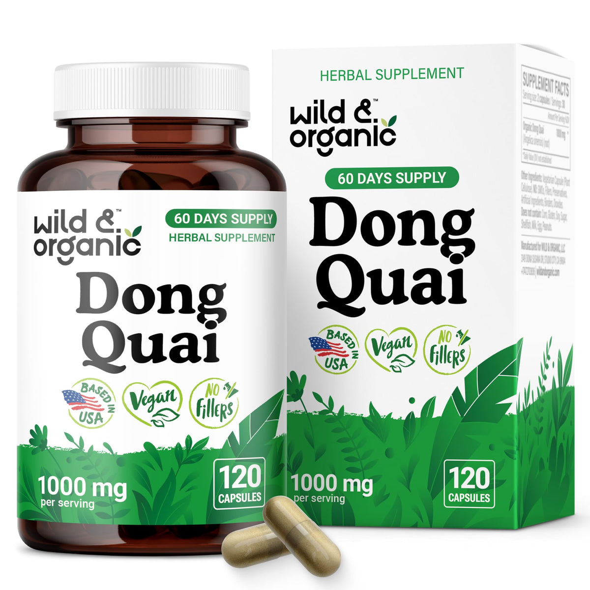 Botella de Wild & Organic Dong Quai 1000 mg para uso diario femenino.