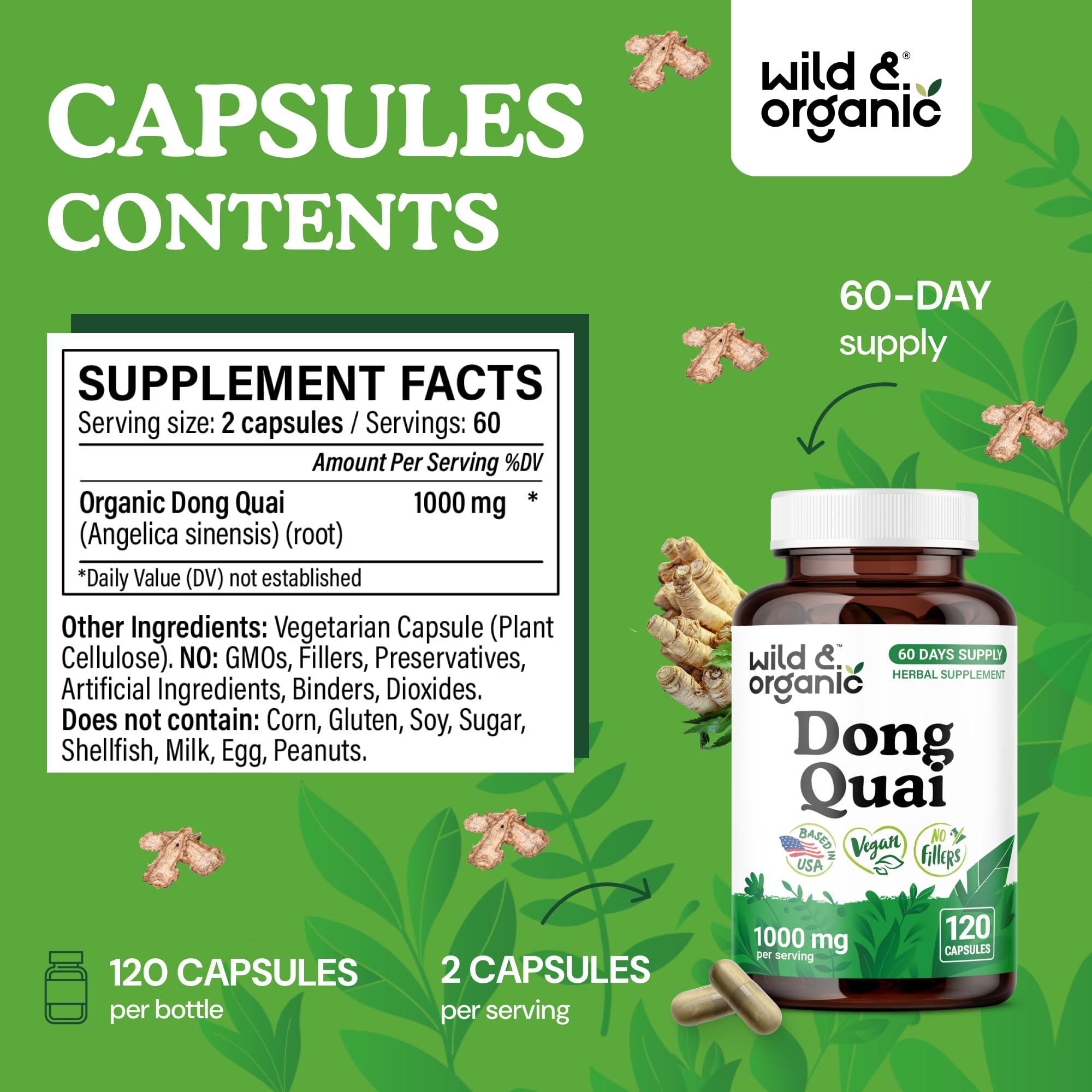 Etiqueta frontal de Wild & Organic Dong Quai demuestra fórmula vegana.