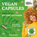 Ingredientes veganos en Dong Quai Wild & Organic, cápsulas fáciles de tragar.