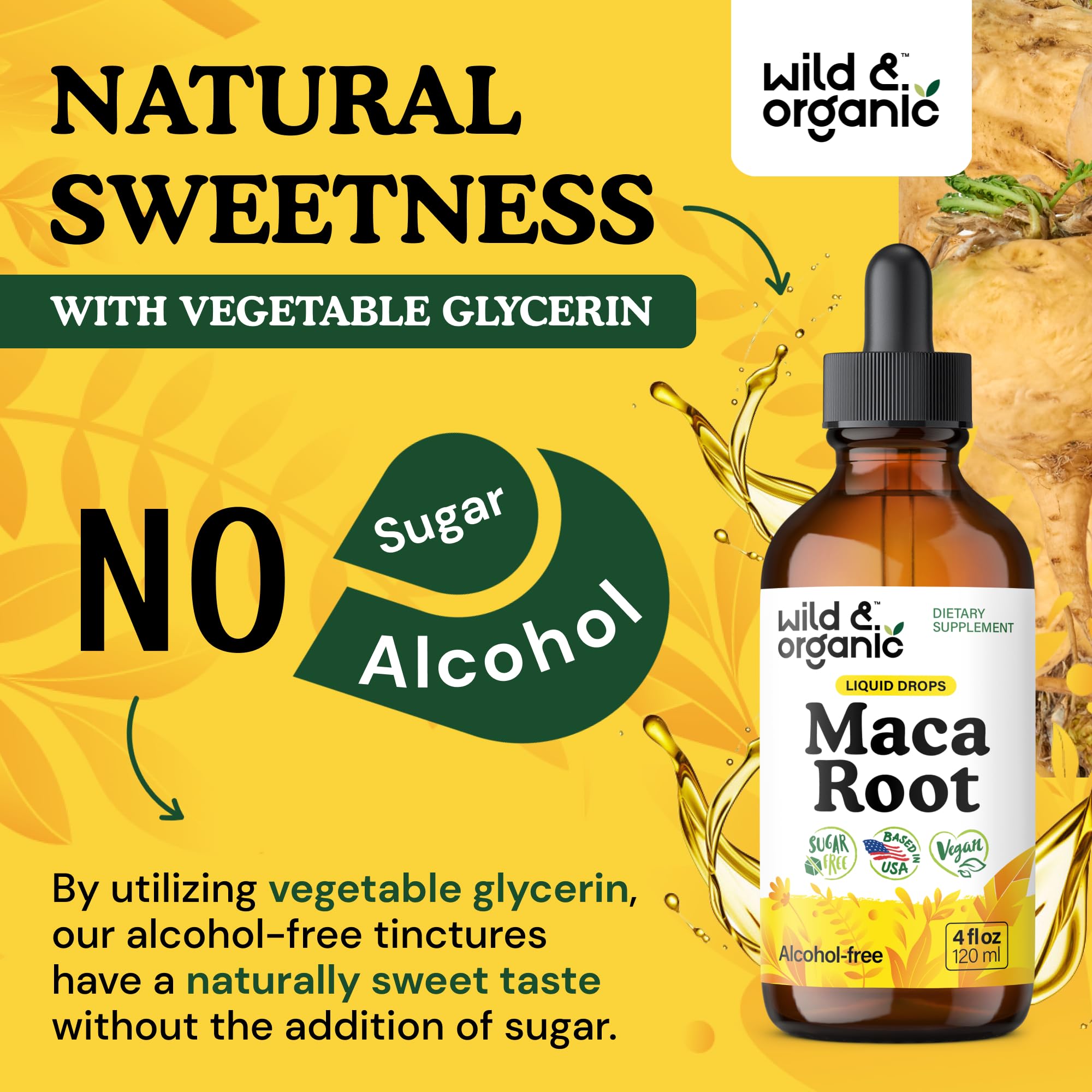 Dosis de 695 mg por porción en gotas de maca Wild Organic