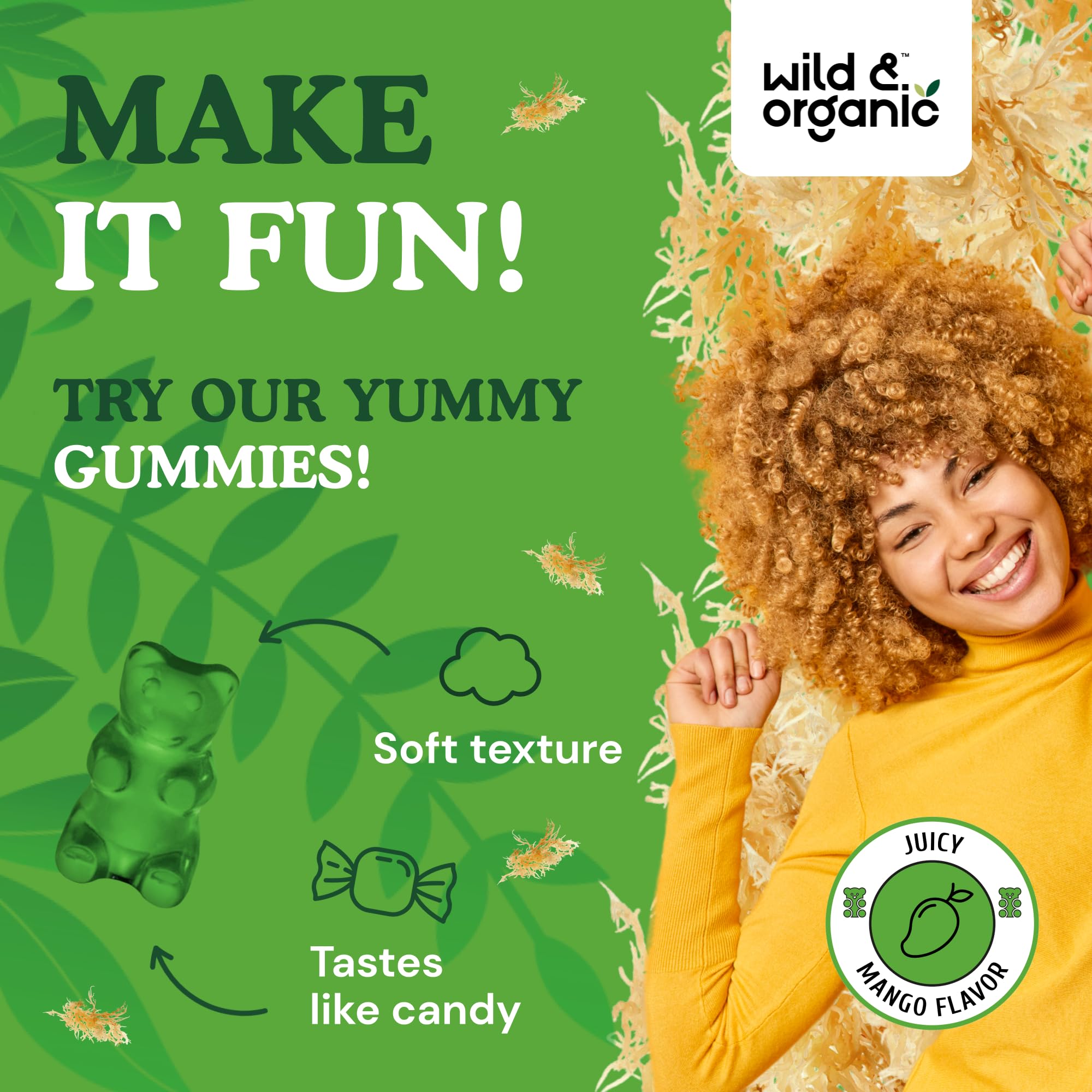 Etiqueta vegana y sin transgénicos en gomitas Wild & Organic para niños.