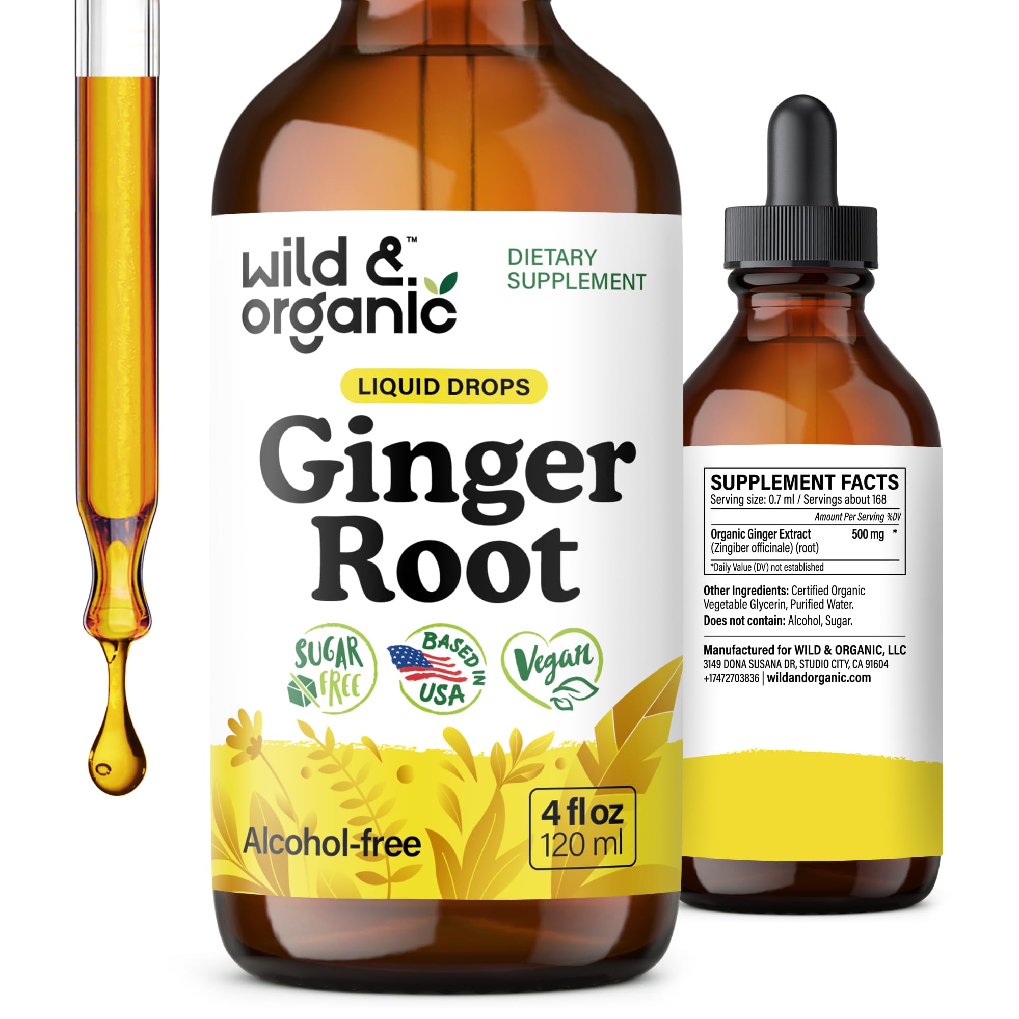Wild & Organic: botella del extracto de jengibre para apoyo digestivo suave.