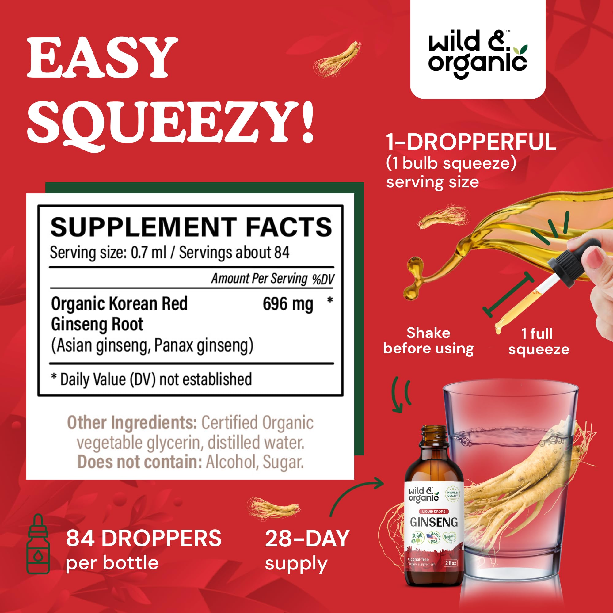 Wild & Organic ginseng rojo coreano, etiqueta con ingredientes veganos