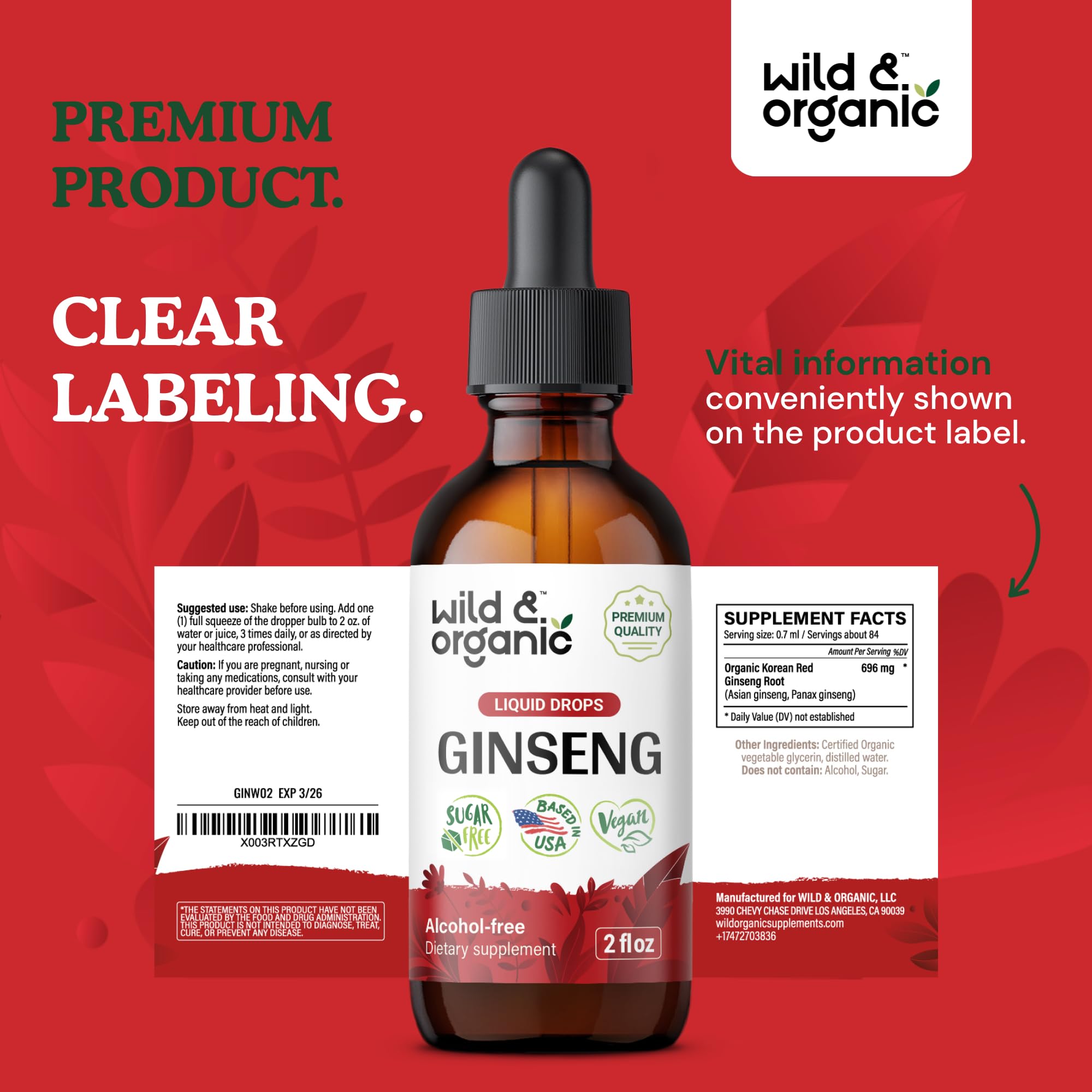 Wild & Organic ginseng rojo coreano, suministro de 28 días según dosis