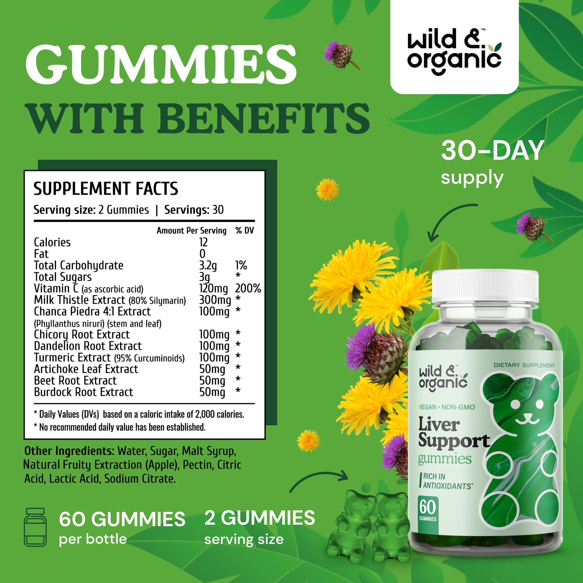 Gominolas Wild & Organic con diente de león, extracto natural para bienestar.