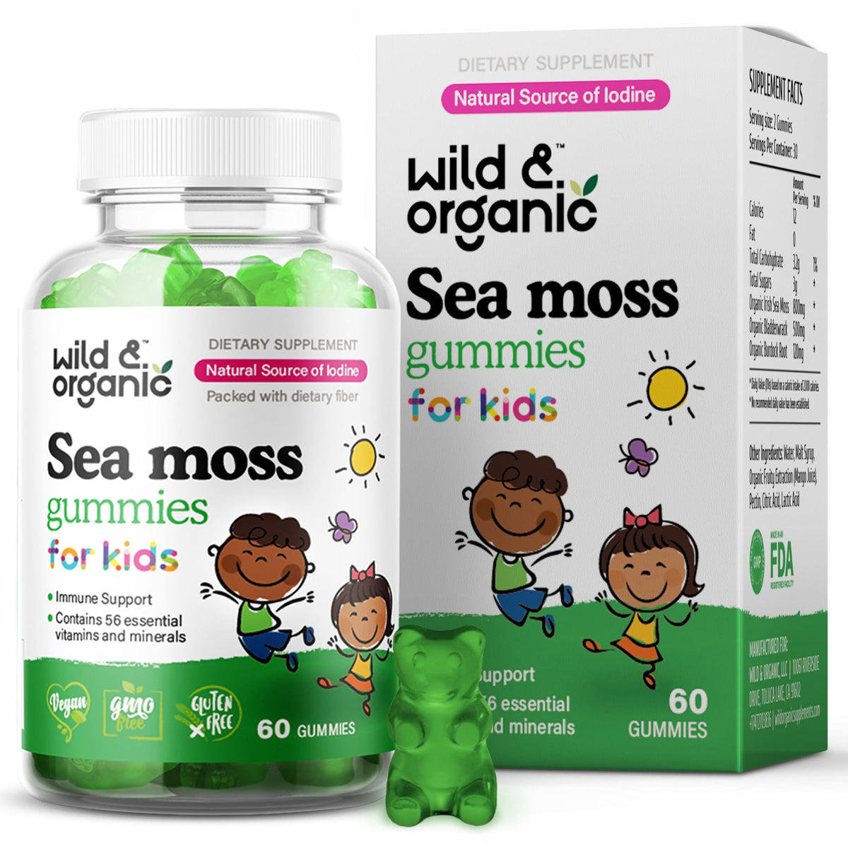 Gomitas Wild & Organic de musgo irlandés para niños en envase práctico.