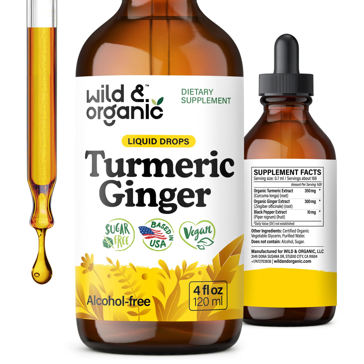 Wild & Organic frasco de gotas curcuma-jengibre para uso diario cómodo.