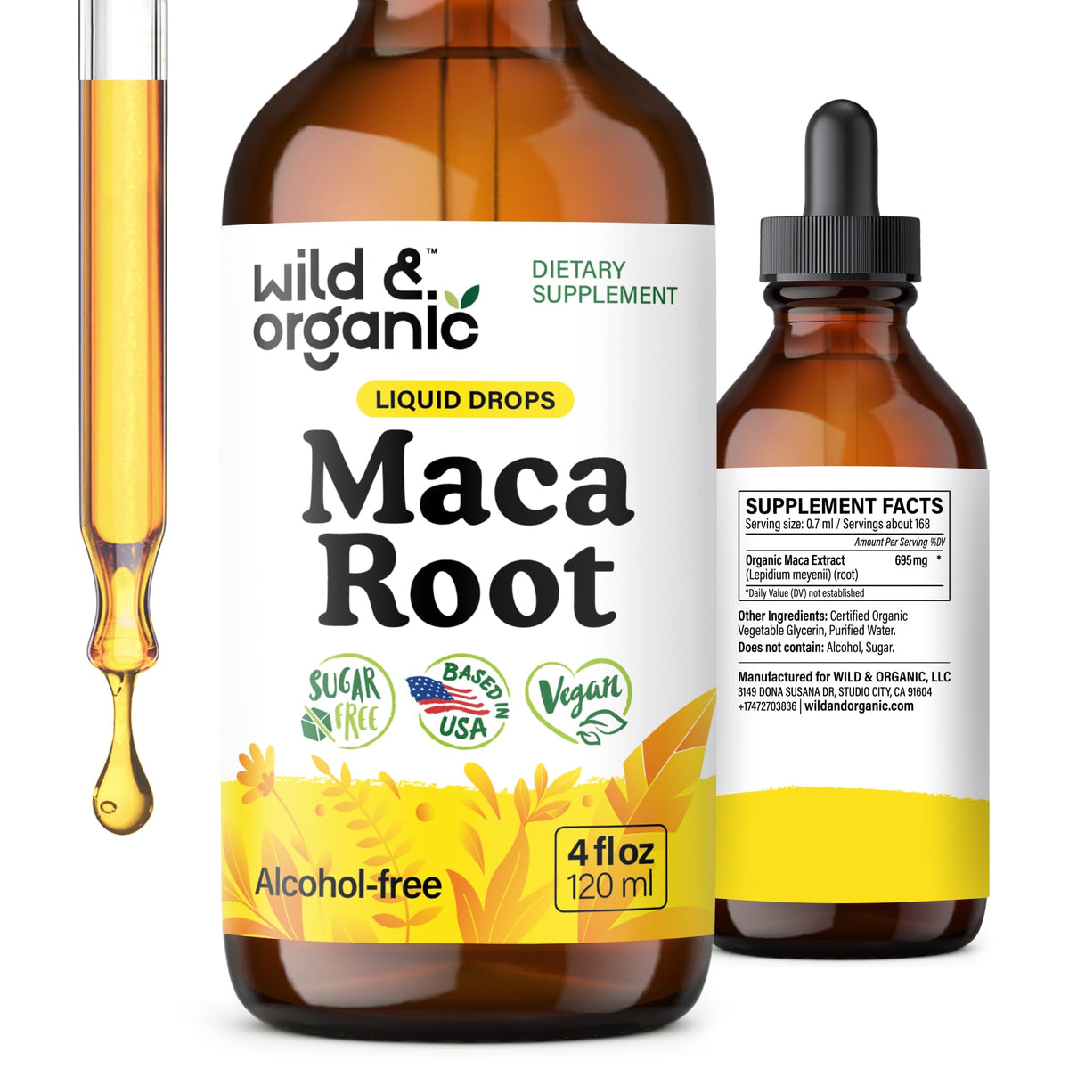 Wild & Organic Gotas de Maca: botella con gotero para uso diario