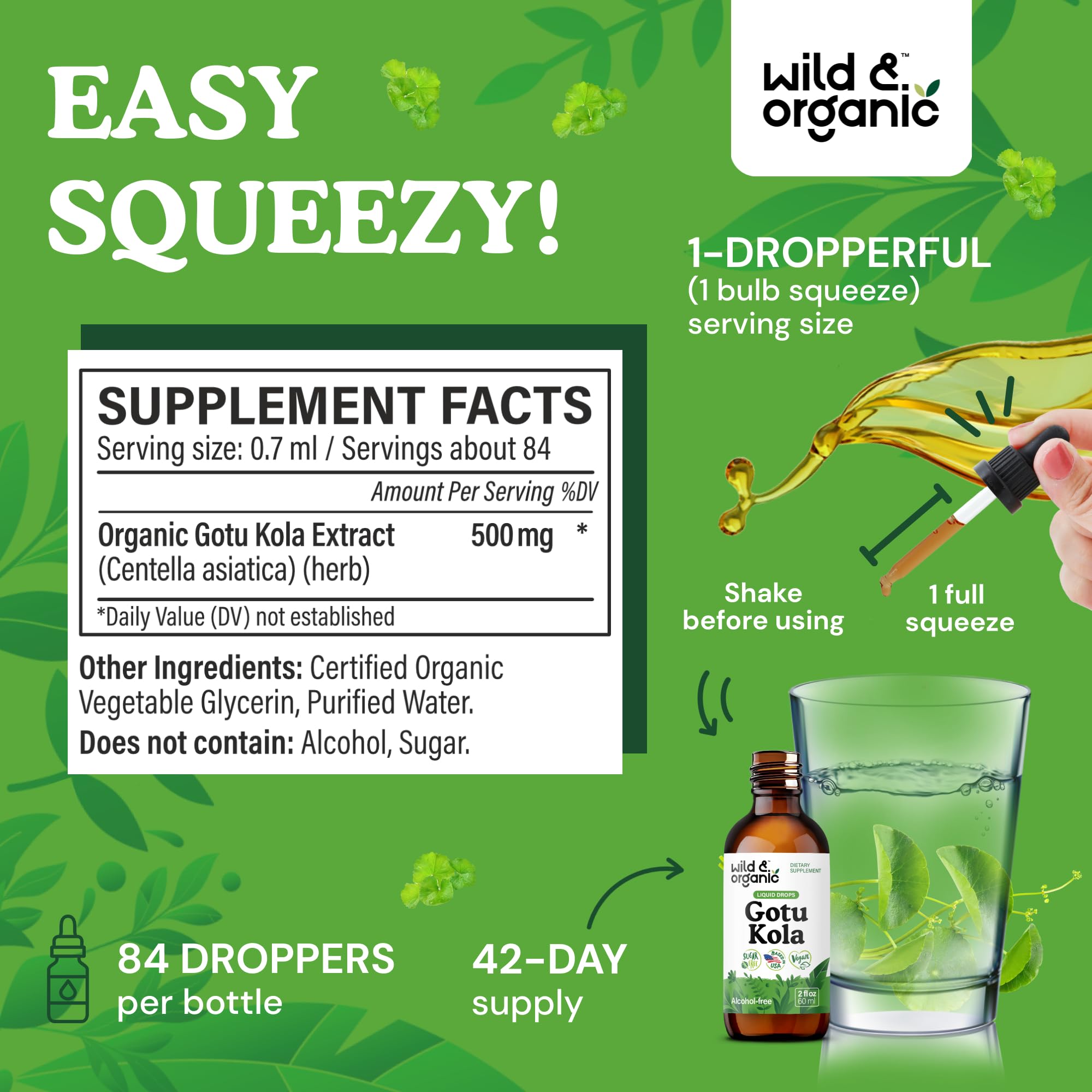 Etiqueta clara de Wild & Organic Gotu Kola sin aditivos.