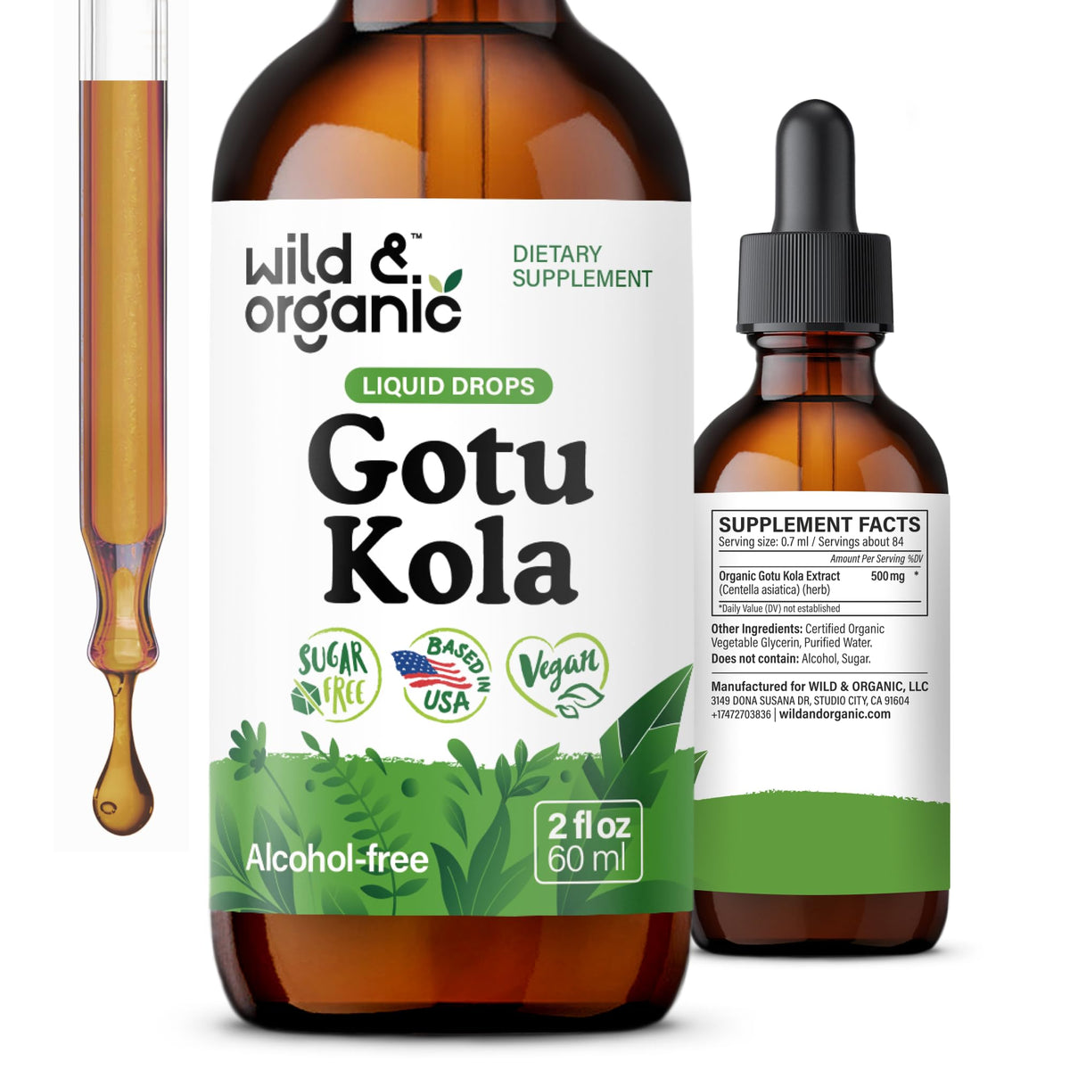 Tintura Wild & Organic Gotu Kola en botella, posible apoyo a la concentración.