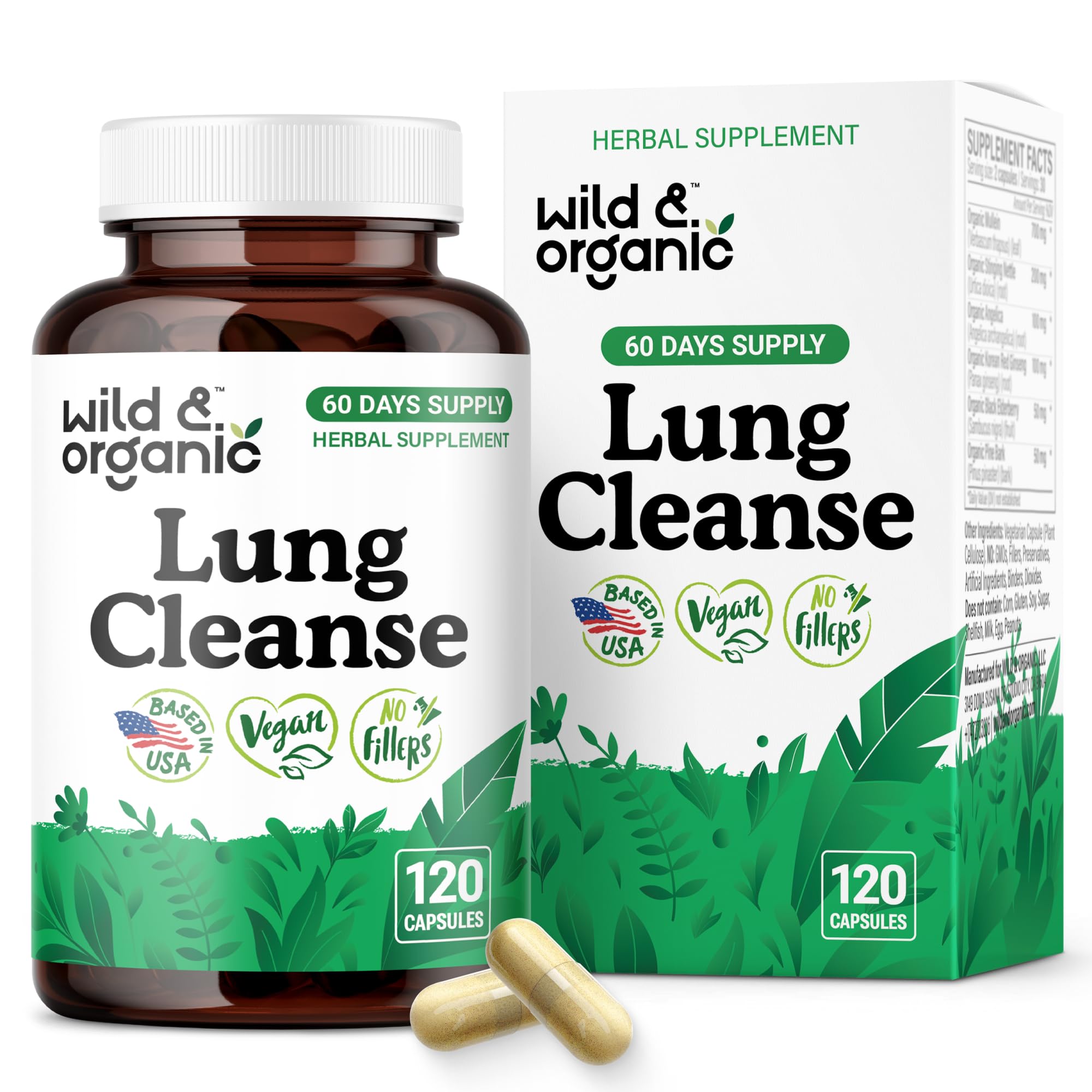 Wild & Organic Lung Cleanse envase con cápsulas para soporte respiratorio diario