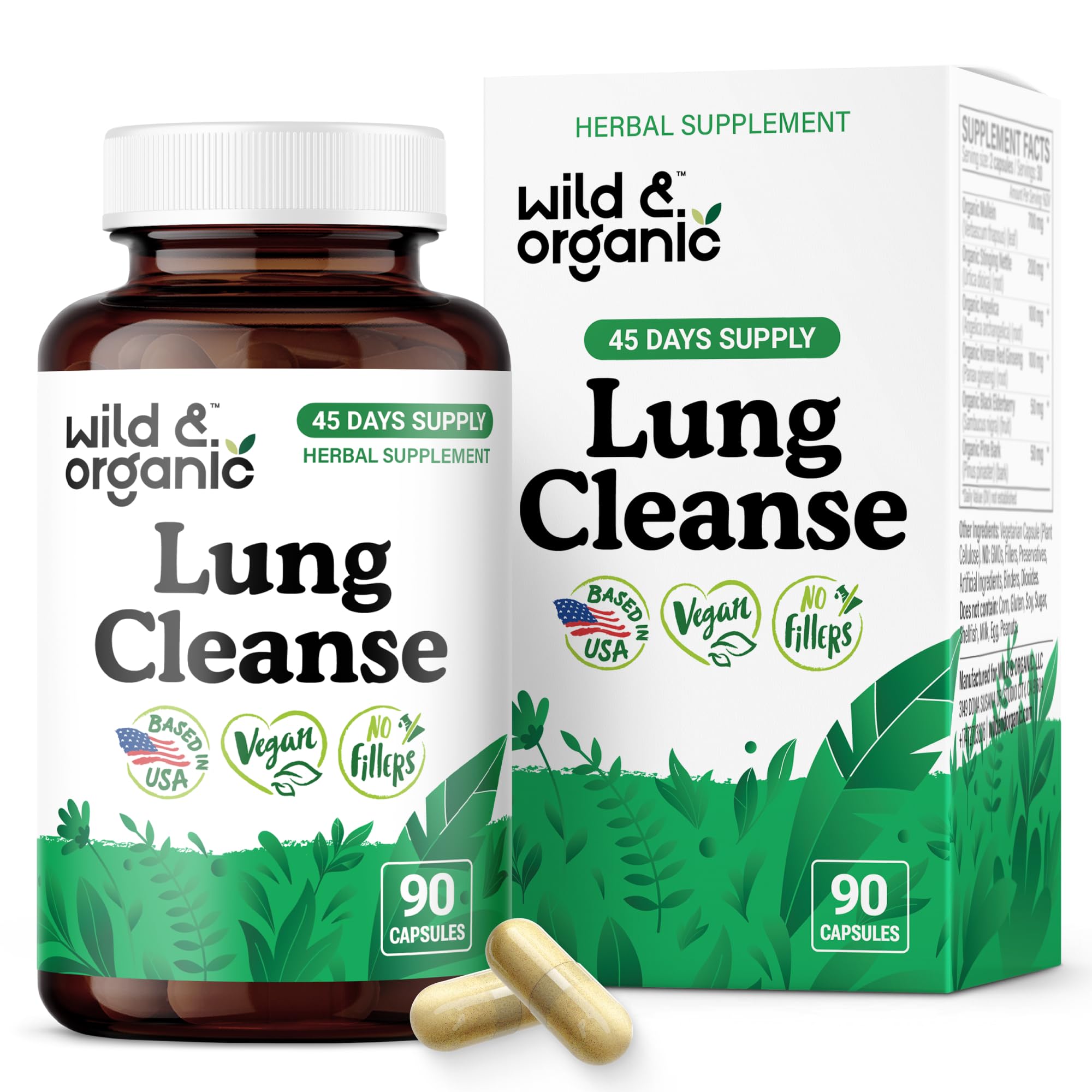 Wild & Organic Cápsulas para Pulmones frasco frontal, uso diario posible