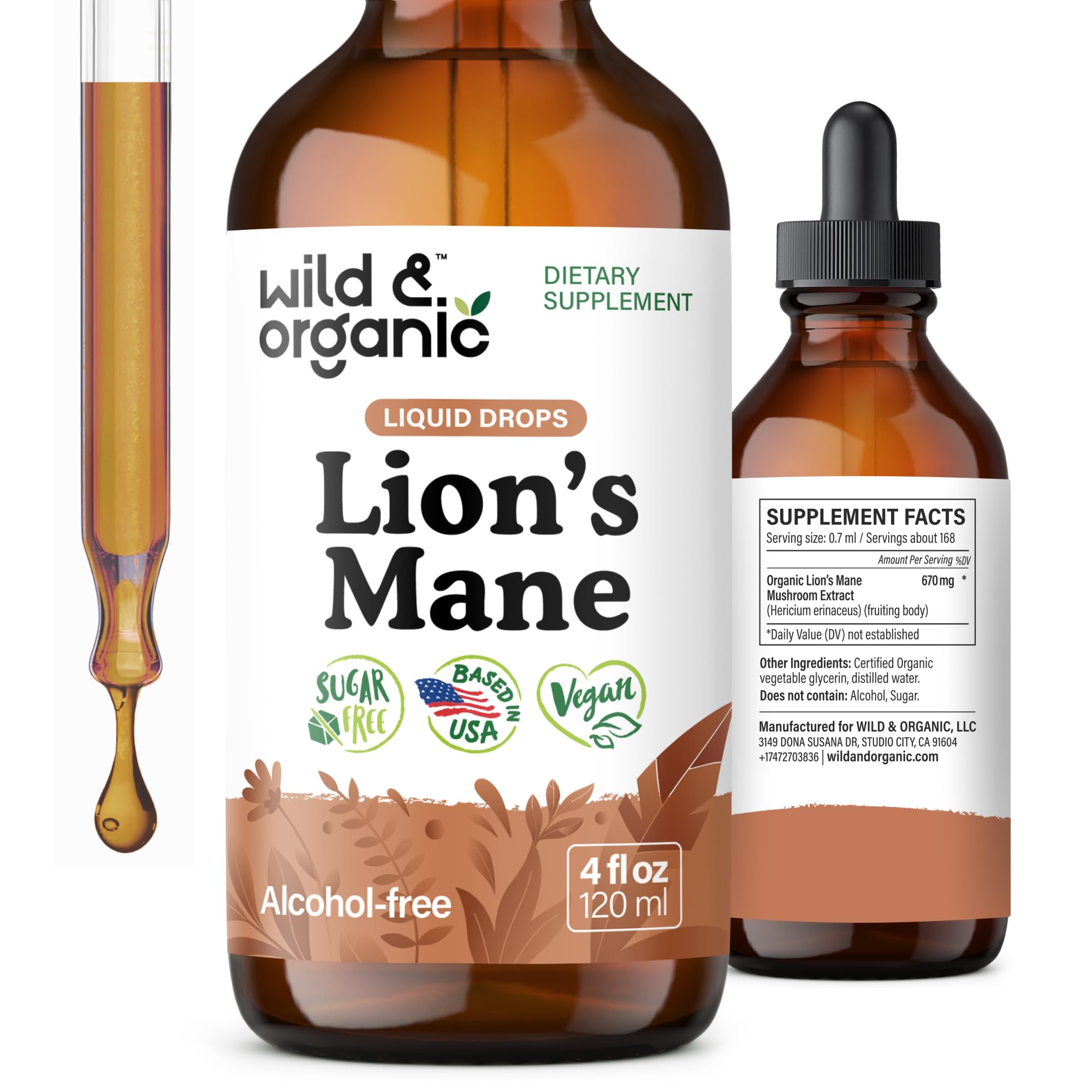 Wild & Organic melena de león gotas en botella para enfoque diario.
